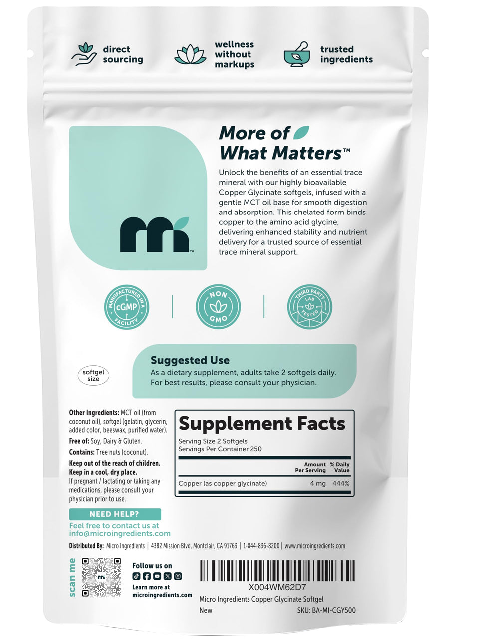 Micro Ingredients Copper Glycinate softgels poured, highlighting smooth MCT oil delivery.