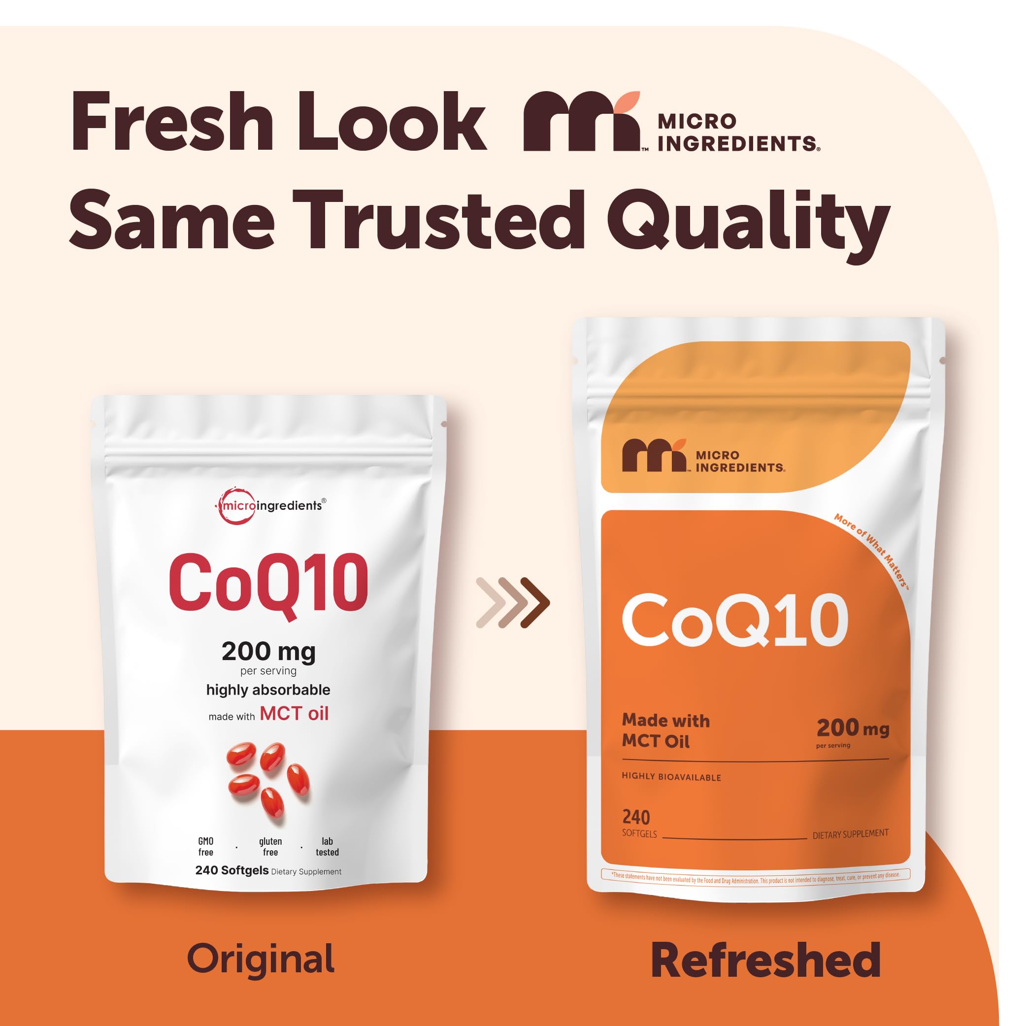 Micro Ingredients CoQ10 bottle containing 240 softgels for a long-lasting supply