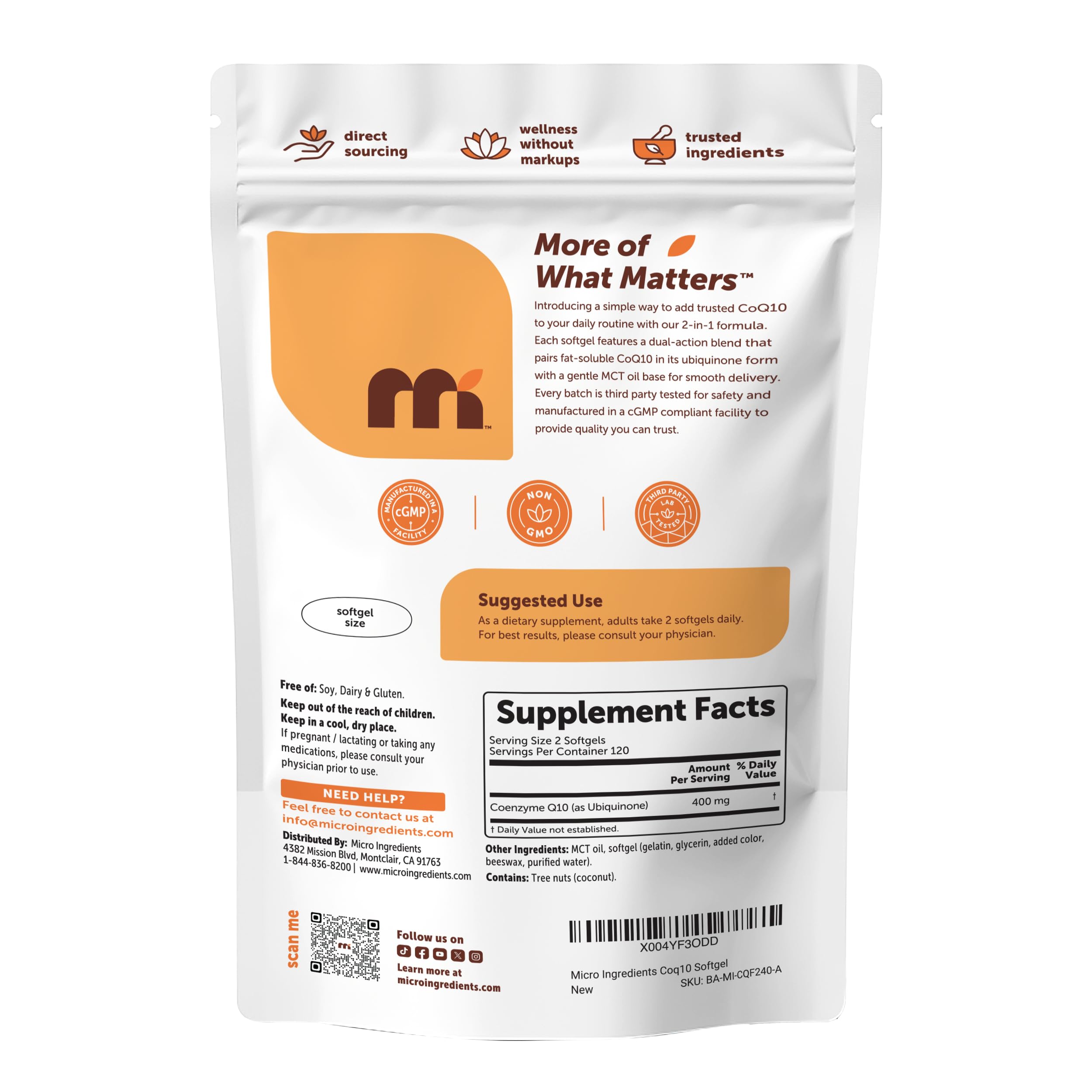 Micro Ingredients CoQ10 dairy soy gluten free icons on box
