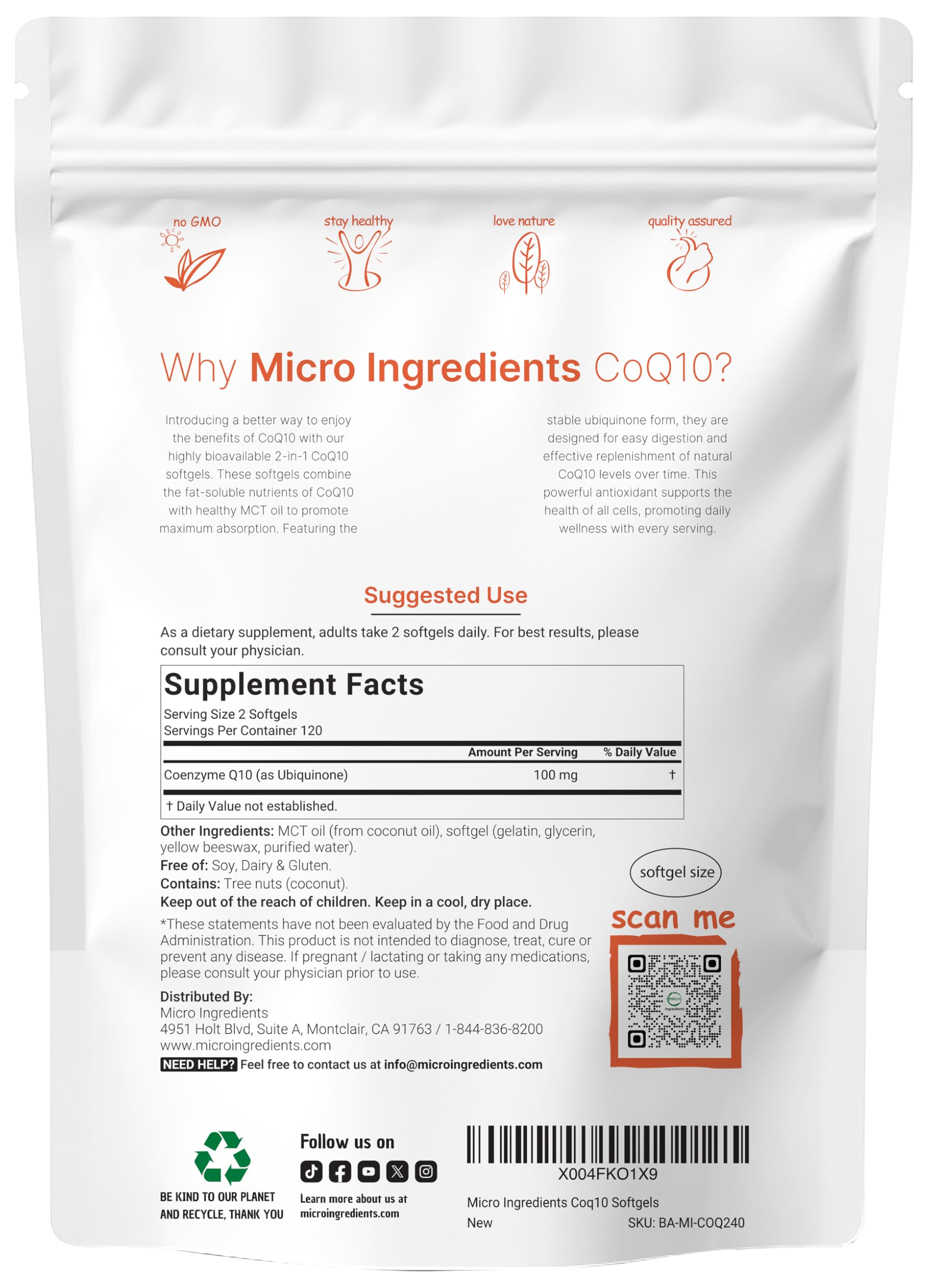Micro Ingredients CoQ10 softgels being poured to reveal 100 mg per serving.