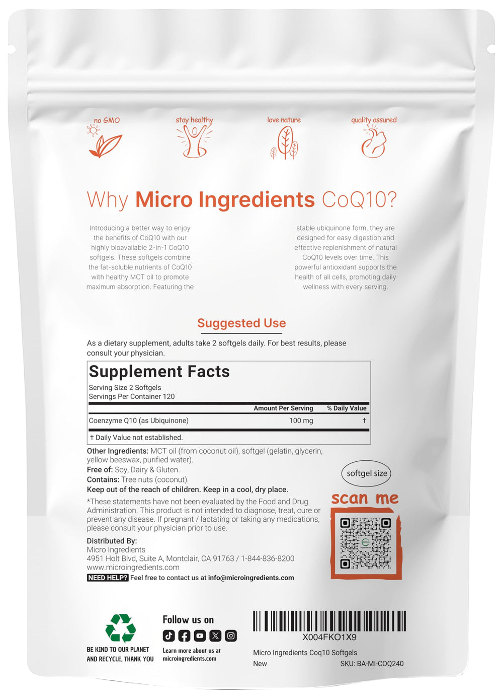 Micro Ingredients CoQ10 softgels being poured to reveal 100 mg per serving.