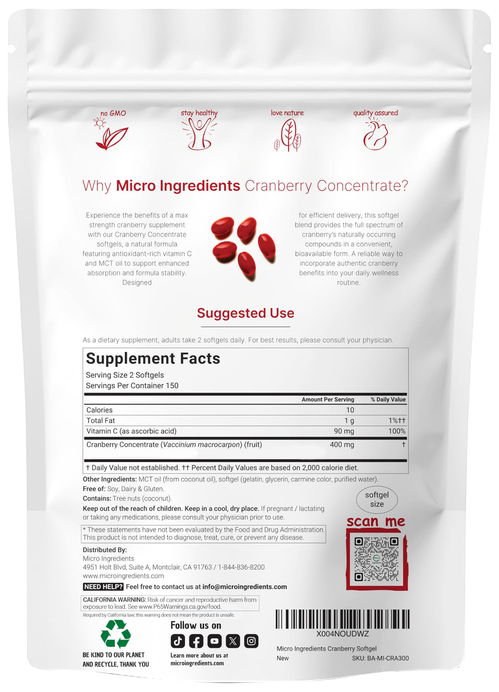 Micro Ingredients cranberry softgels closeup showing easy to swallow capsules
