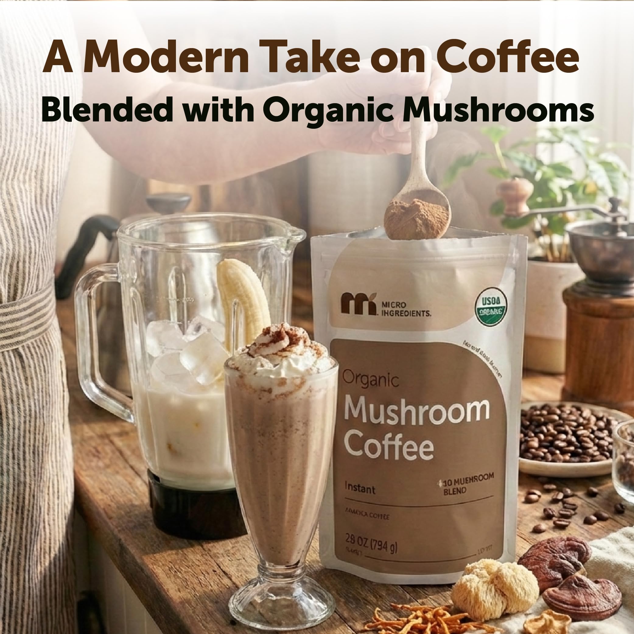 Micro Ingredients cup featuring creamy, smooth mushroom coffee aroma.