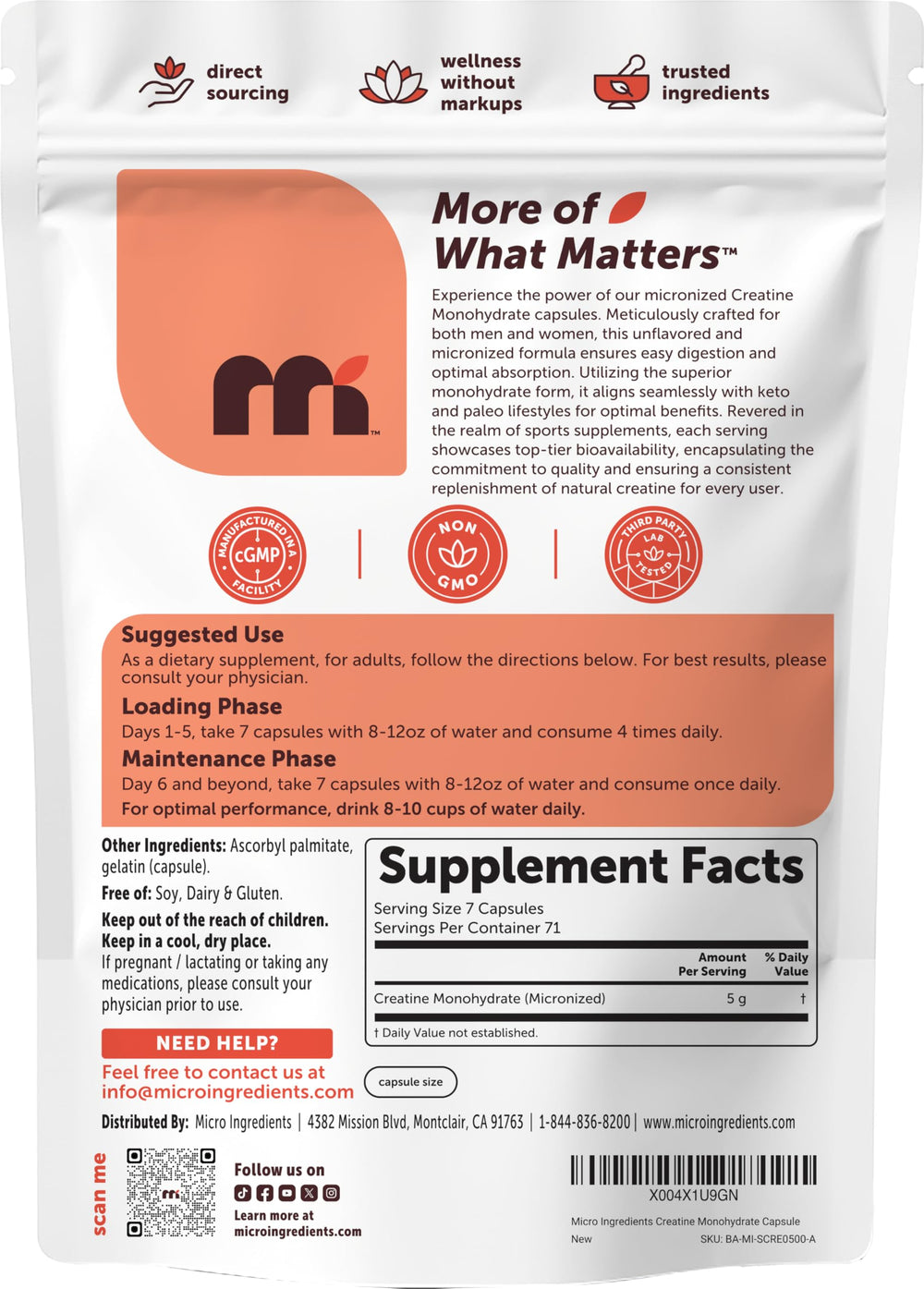 Micro Ingredients creatine monohydrate bottle on workout shelf.