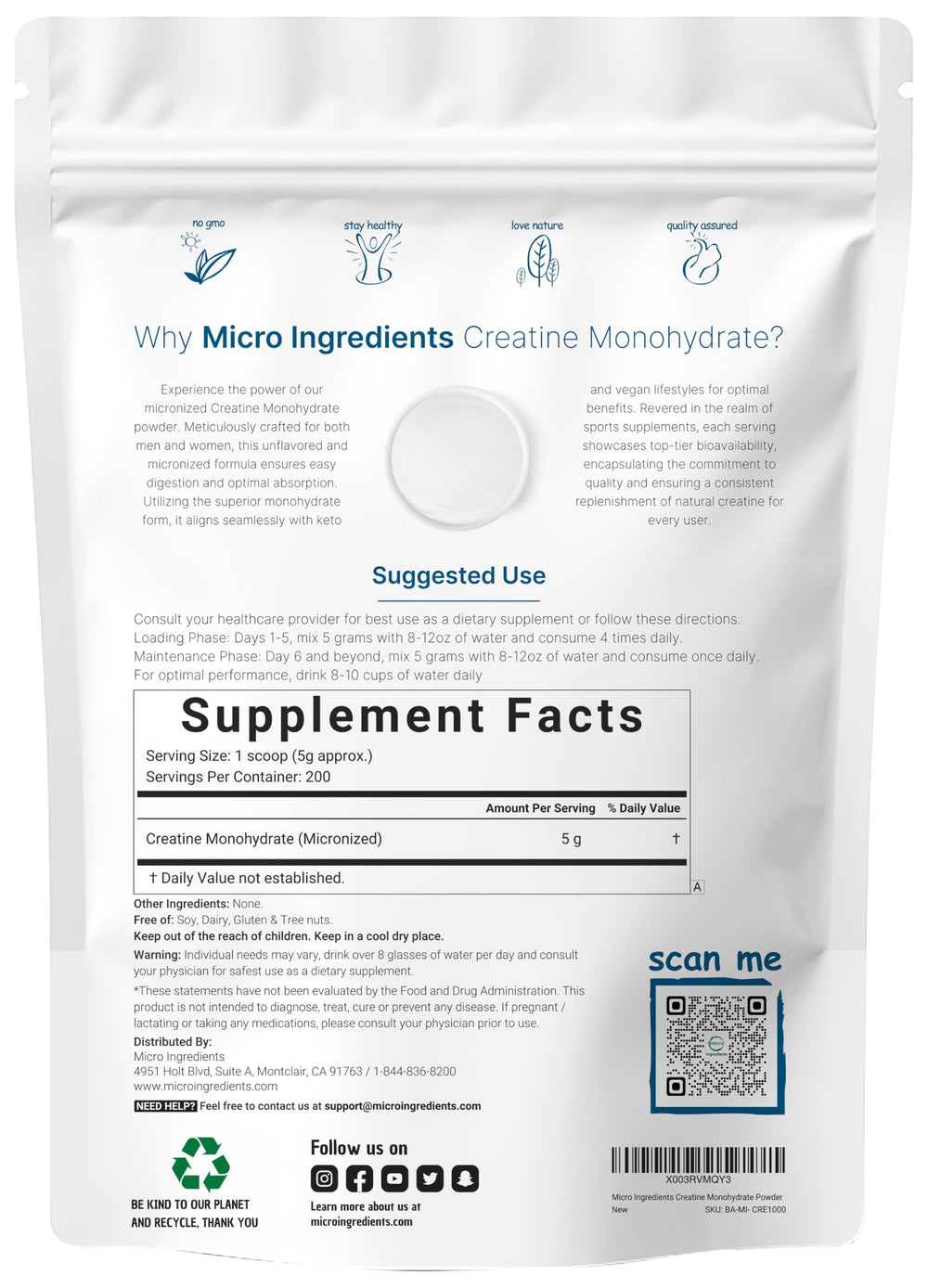 Micro Ingredients Creatine Monohydrate powder scoop for easy mixing
