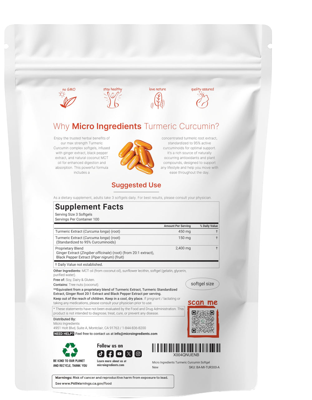 Micro Ingredients curcumin 95% label emphasizes potent active curcuminoids for daily use.