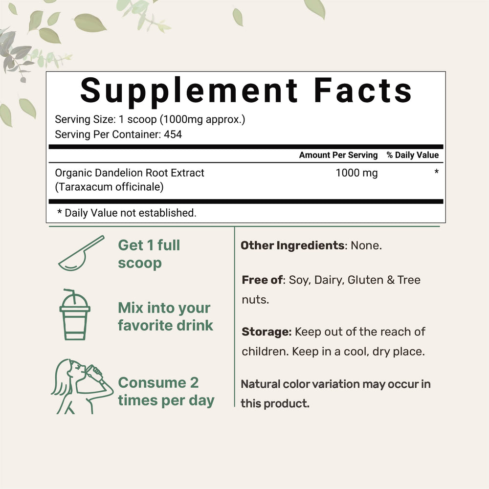 Micro Ingredients dandelion root tea powder with scoop included for precise measurements.