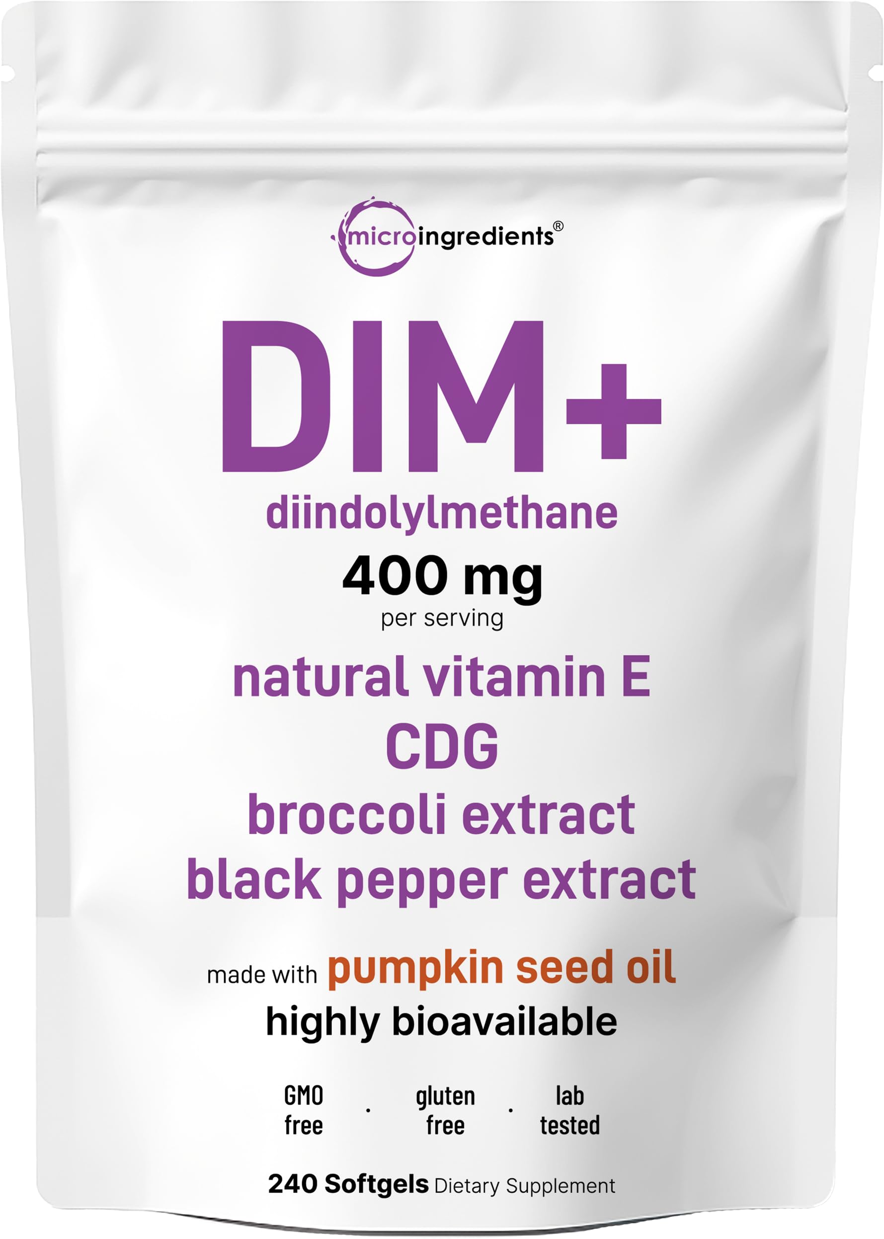 Micro Ingredients DIM+ bottle with 240 softgels for daily wellness