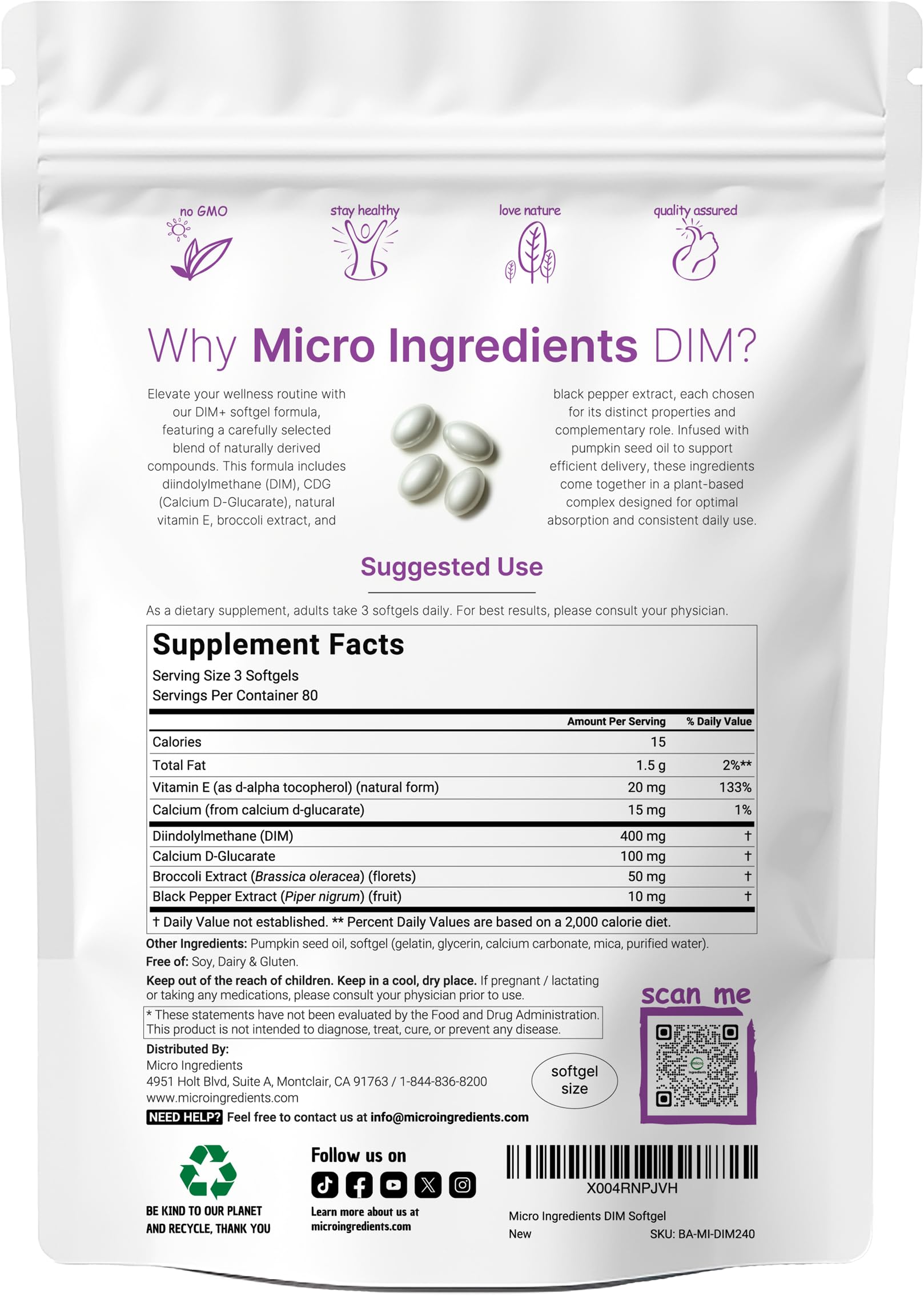 Close-up of Micro Ingredients DIM+ softgels for easy swallowing