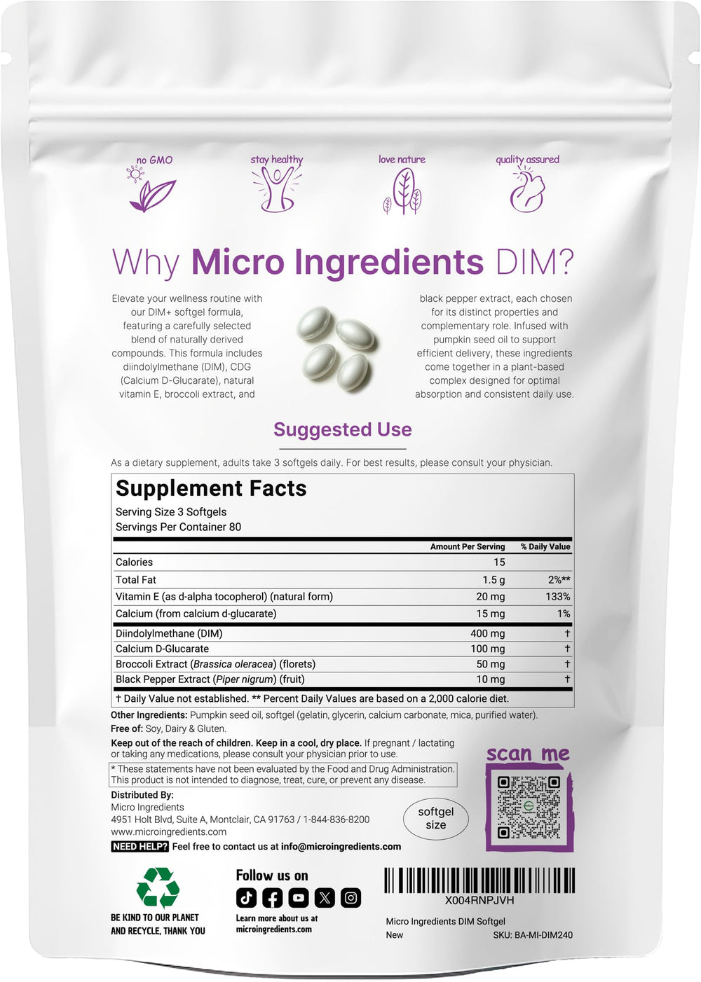 Close-up of Micro Ingredients DIM+ softgels for easy swallowing