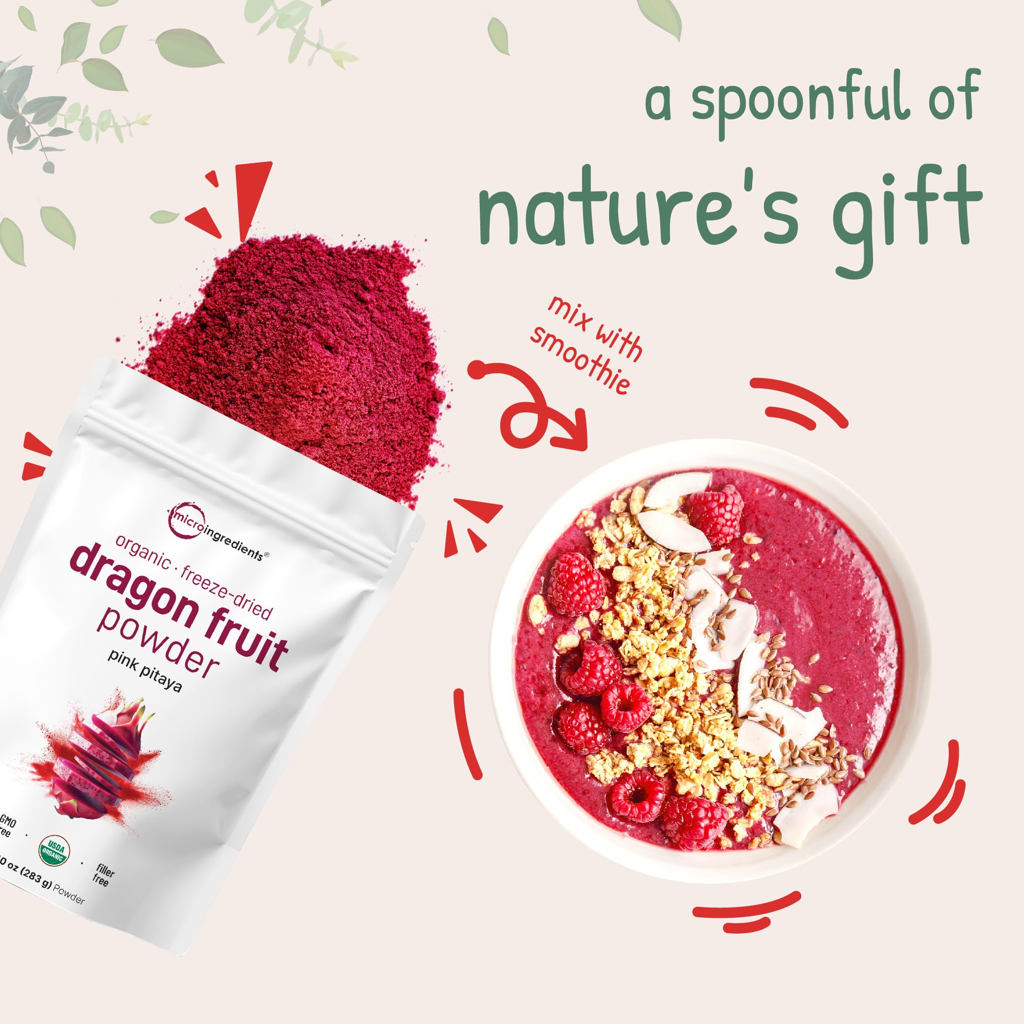 Micro Ingredients dragon fruit powder packaging closeup showing clean ingredients
