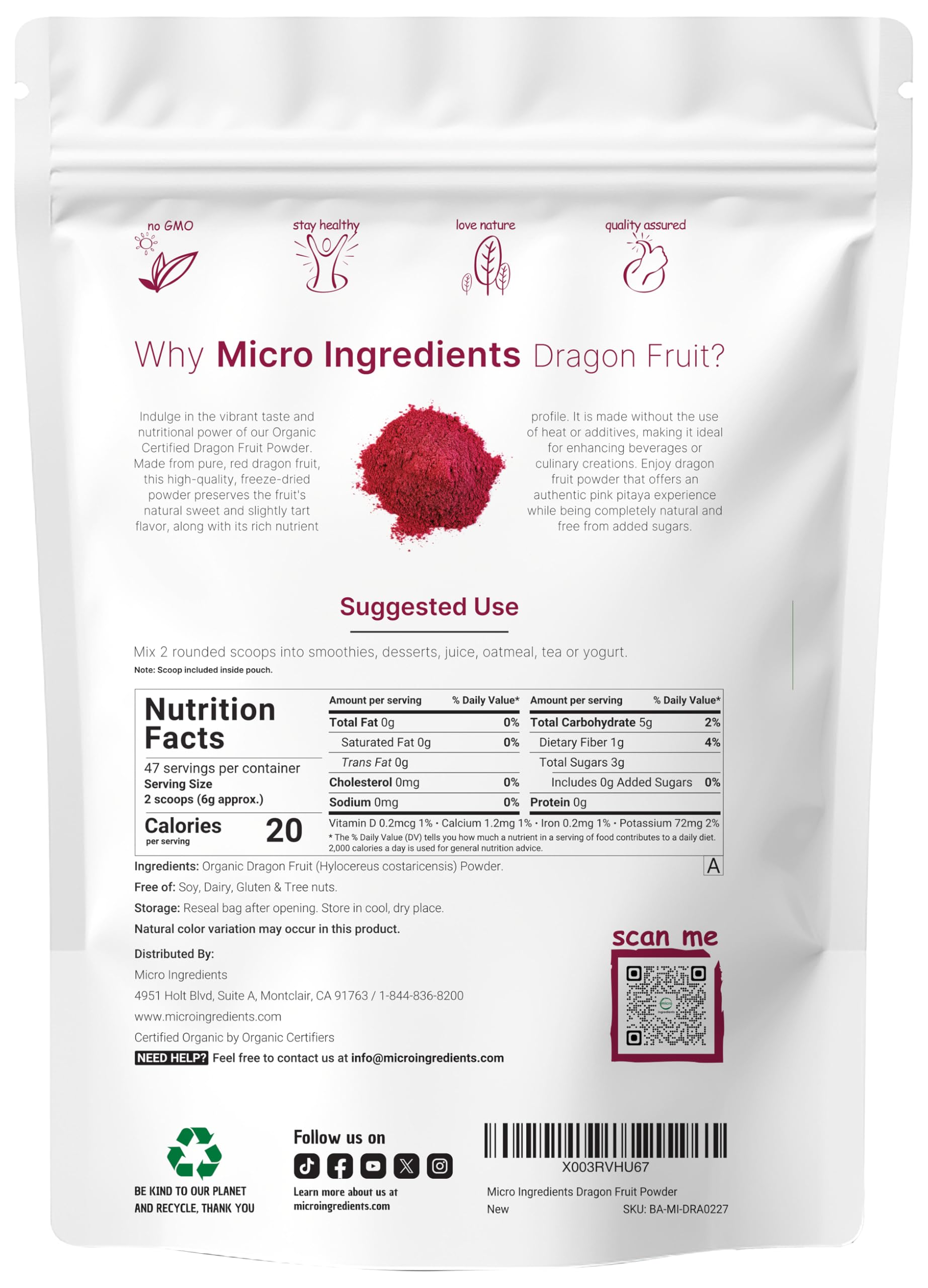 Micro Ingredients dragon fruit powder scoop included for precise measurement