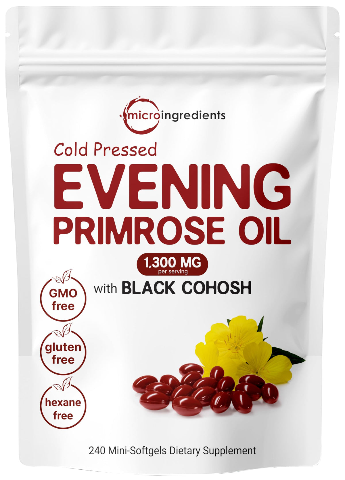 Micro Ingredients Evening Primrose Oil bottle highlights cold pressed formula for everyday wellness