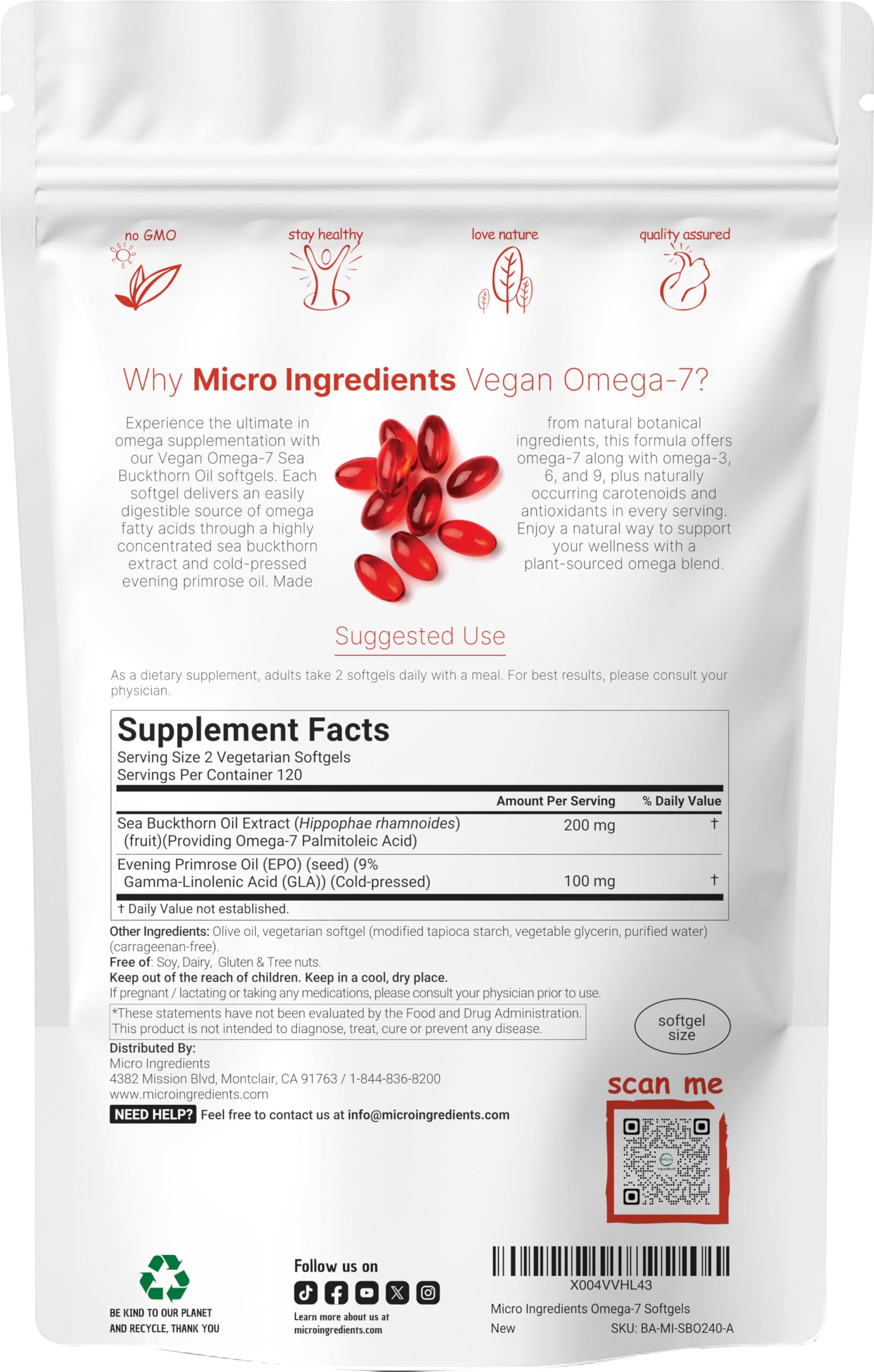 Micro Ingredients sea buckthorn and evening primrose oil softgels show the 2-in-1 plant oil blend.