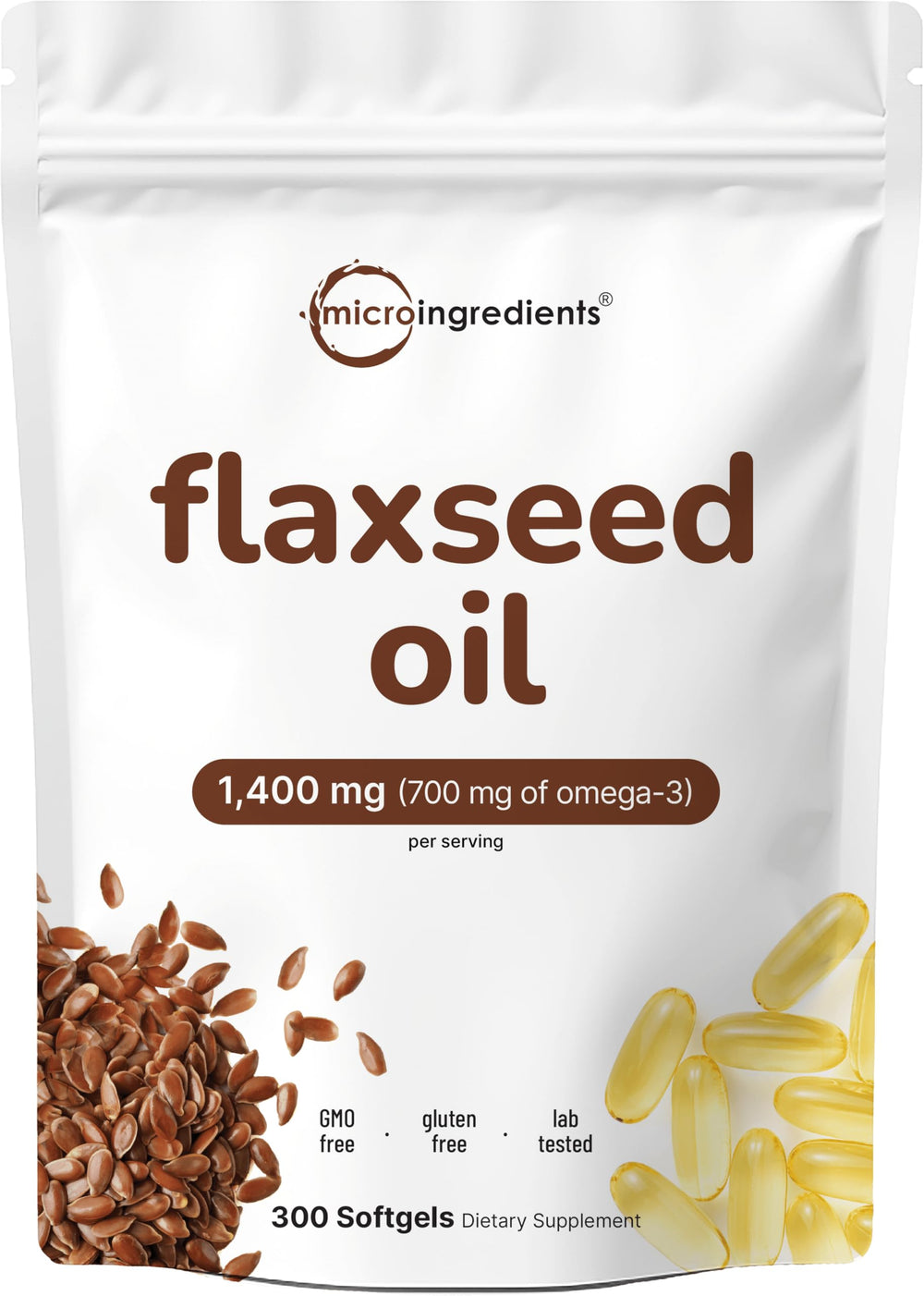Micro Ingredients Flaxseed Oil bottle front showing 1400mg strength for daily omega support