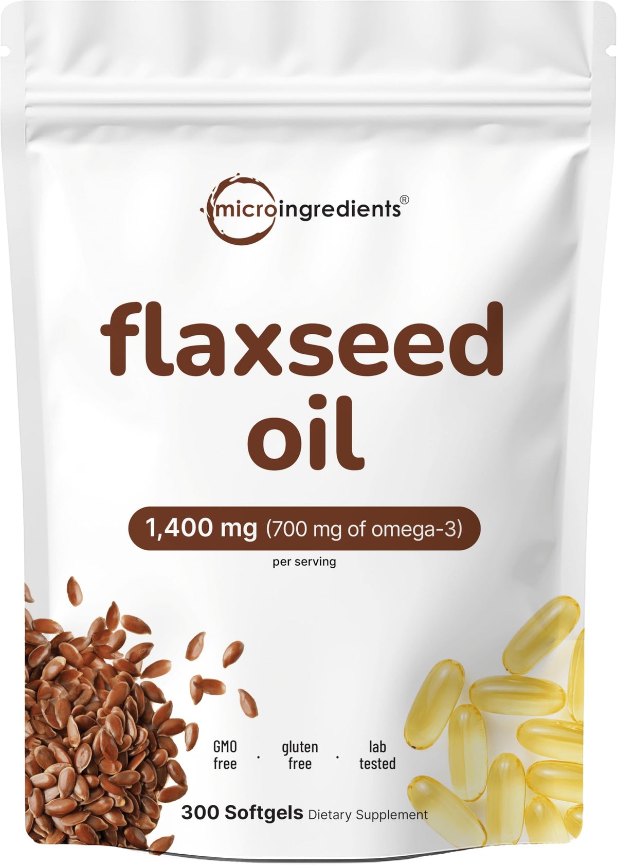 Micro Ingredients Flaxseed Oil bottle front showing 1400mg strength for daily omega support