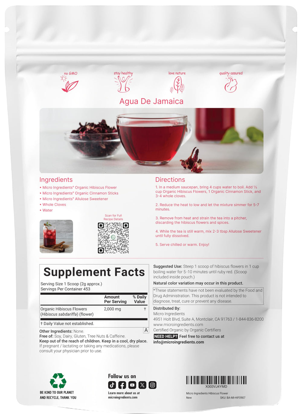 Micro Ingredients Flor de Jamaica hibiscus loose leaves ideal for hot or iced brews.