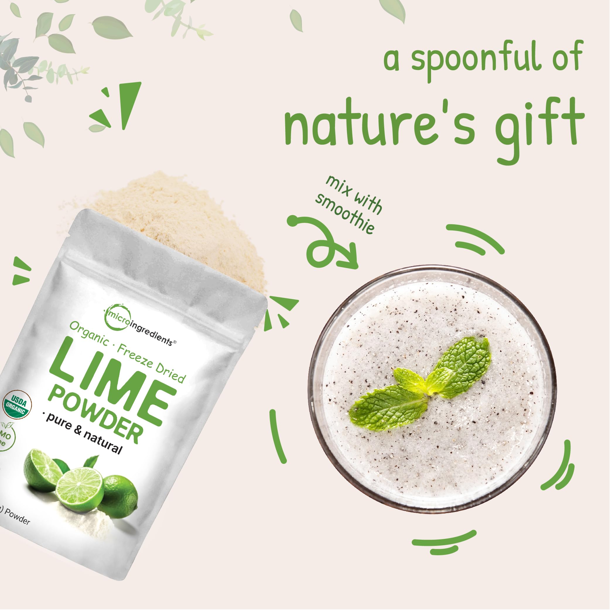 Micro Ingredients freeze-dried lime powder jar and packaging emphasize shelf stability
