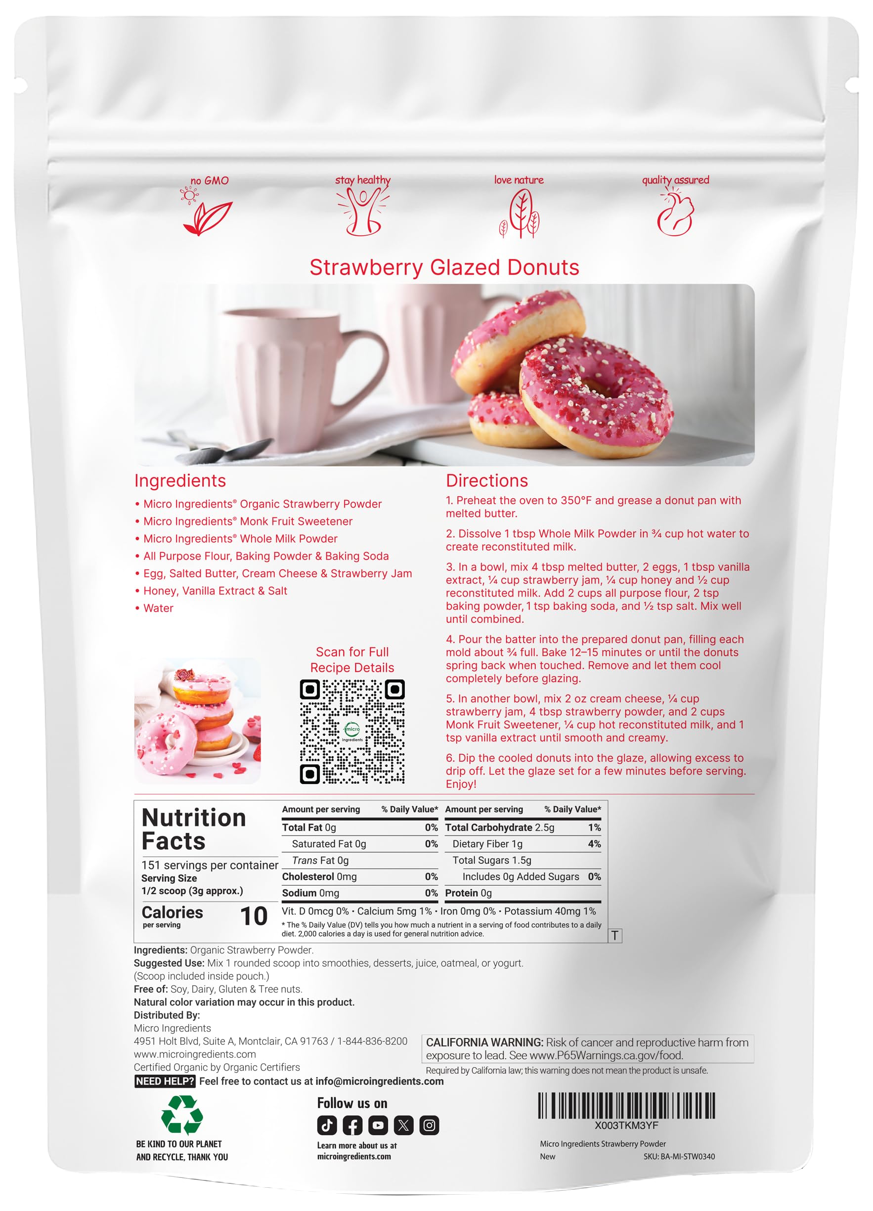 Micro Ingredients strawberry powder with included scoop for precise measuring
