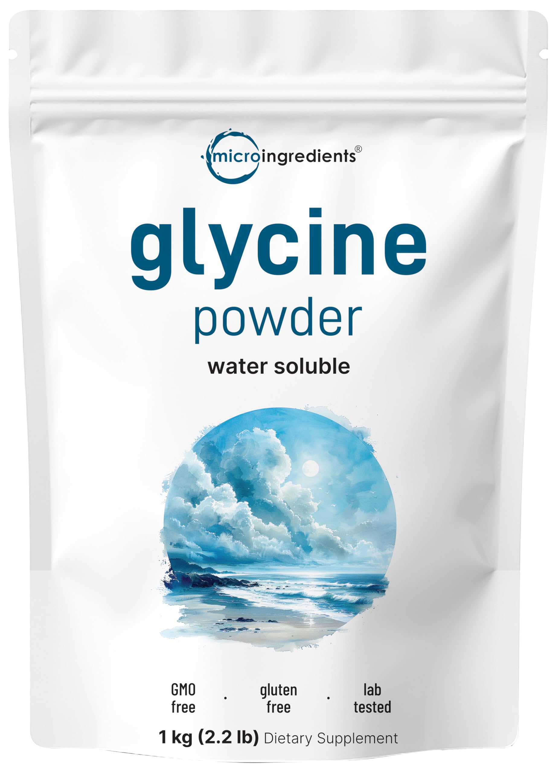 Micro Ingredients Glycine Powder in a jar for easy daily mixing.