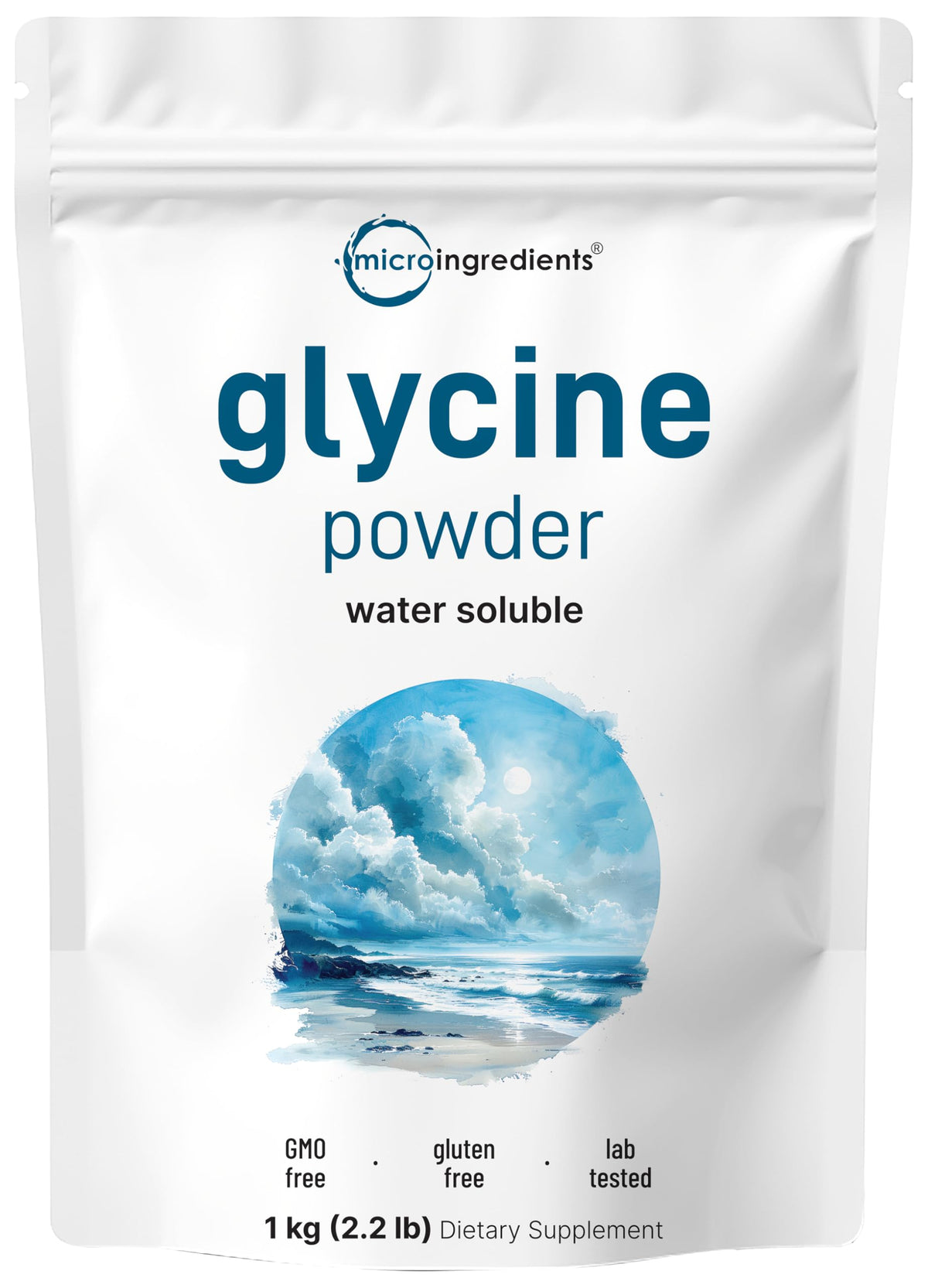 Micro Ingredients Glycine Powder in a jar for easy daily mixing.