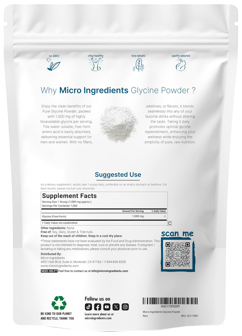 Micro Ingredients Glycine Powder with scoop for precise servings.