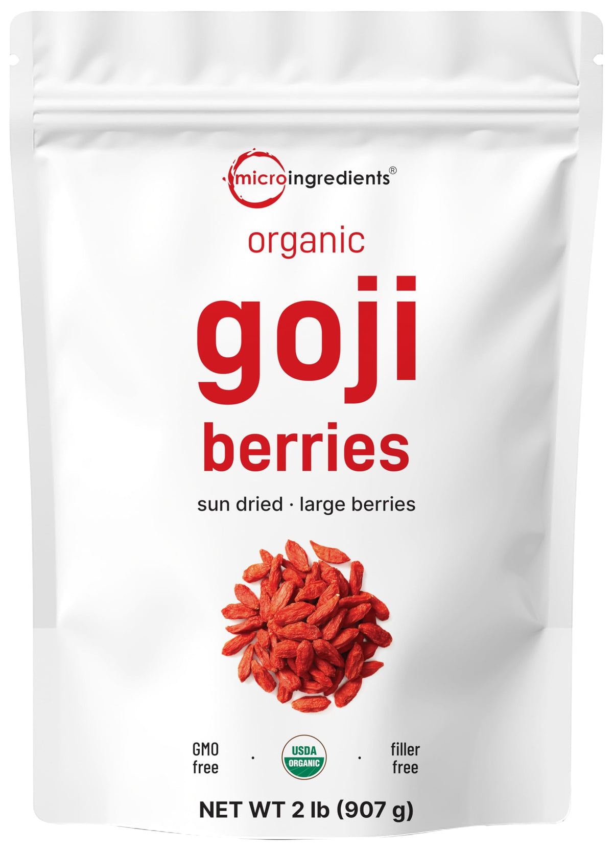 Micro Ingredients goji berries 2lb bag for snacking and recipes.