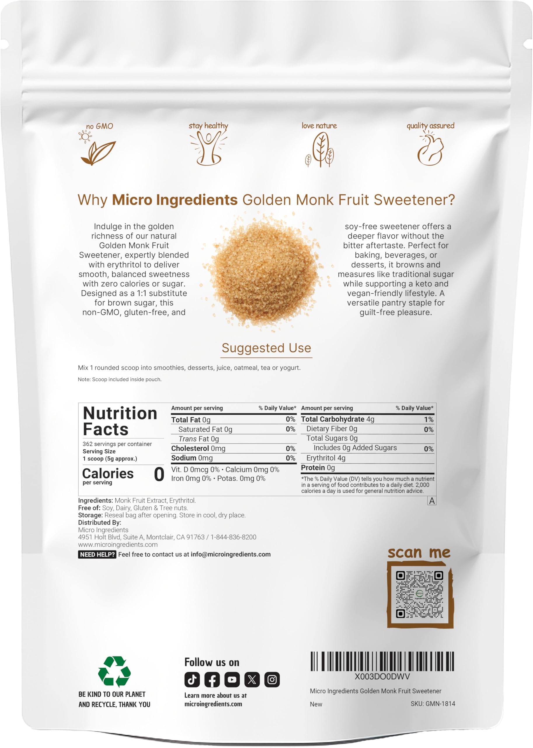 Micro Ingredients Golden Monk Fruit Sweetener 4lb pouch for bulk use