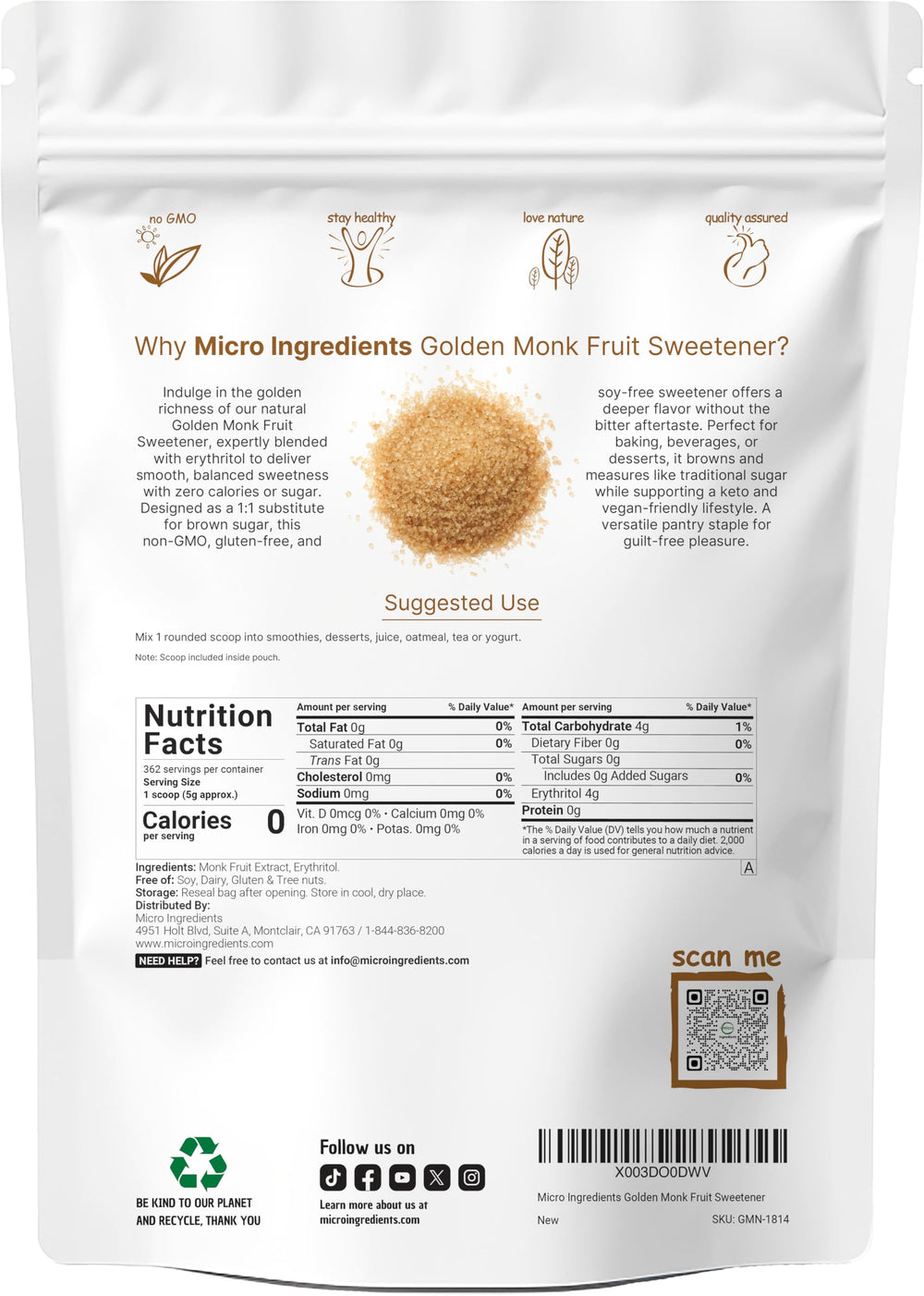 Micro Ingredients Golden Monk Fruit Sweetener 4lb pouch for bulk use