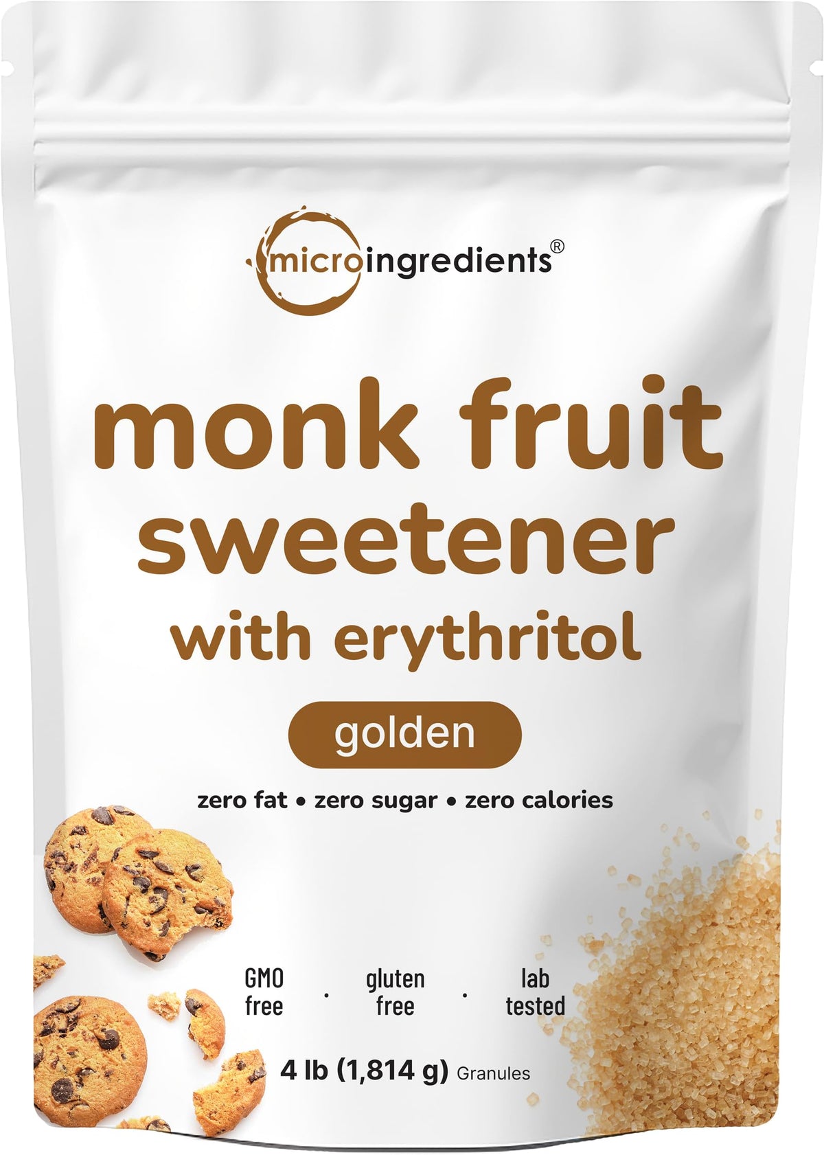 Micro Ingredients Golden Monk Fruit Sweetener front package shows zero calorie sugar substitute