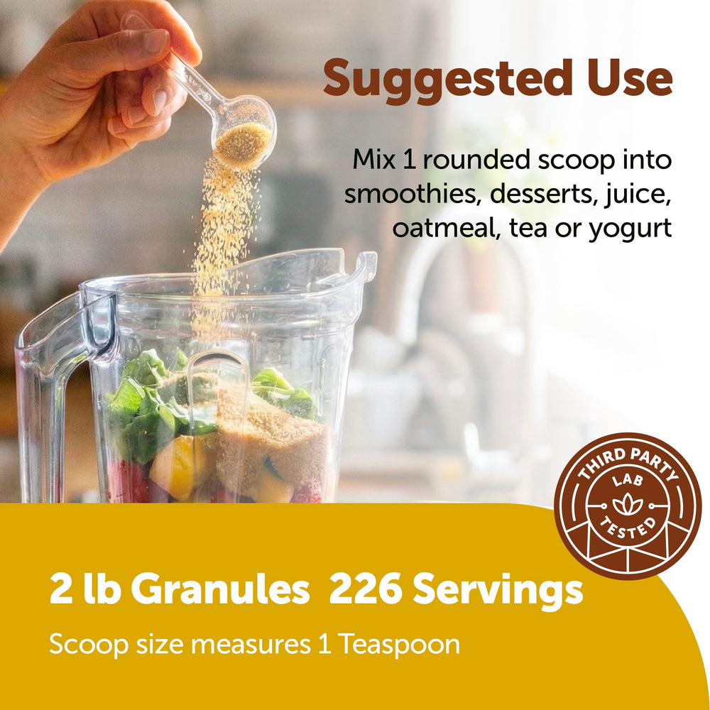 Micro Ingredients Golden Monk Fruit Sweetener stirred into tea for balanced flavor.