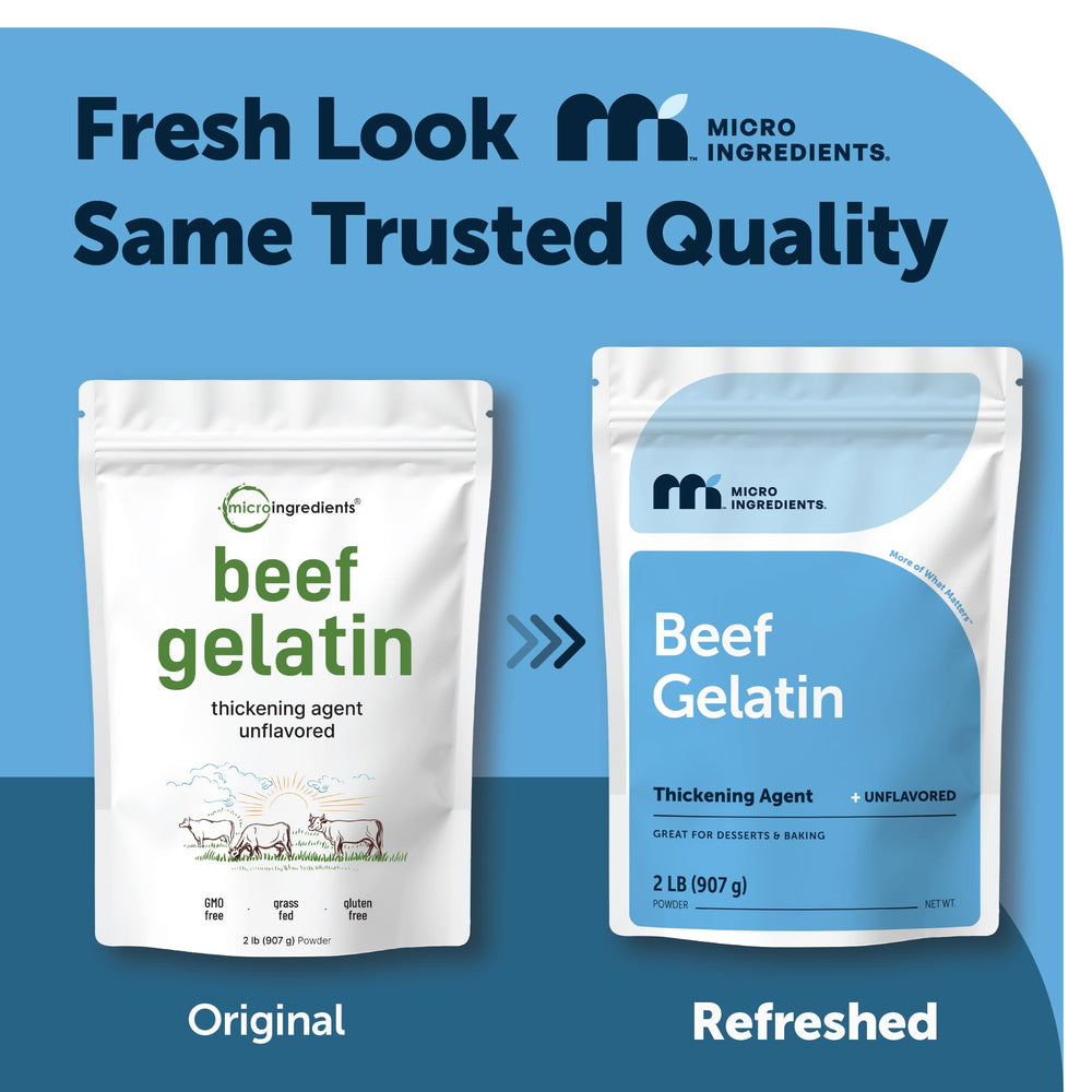 Micro Ingredients grass-fed beef gelatin bottle showing purity for stable gels