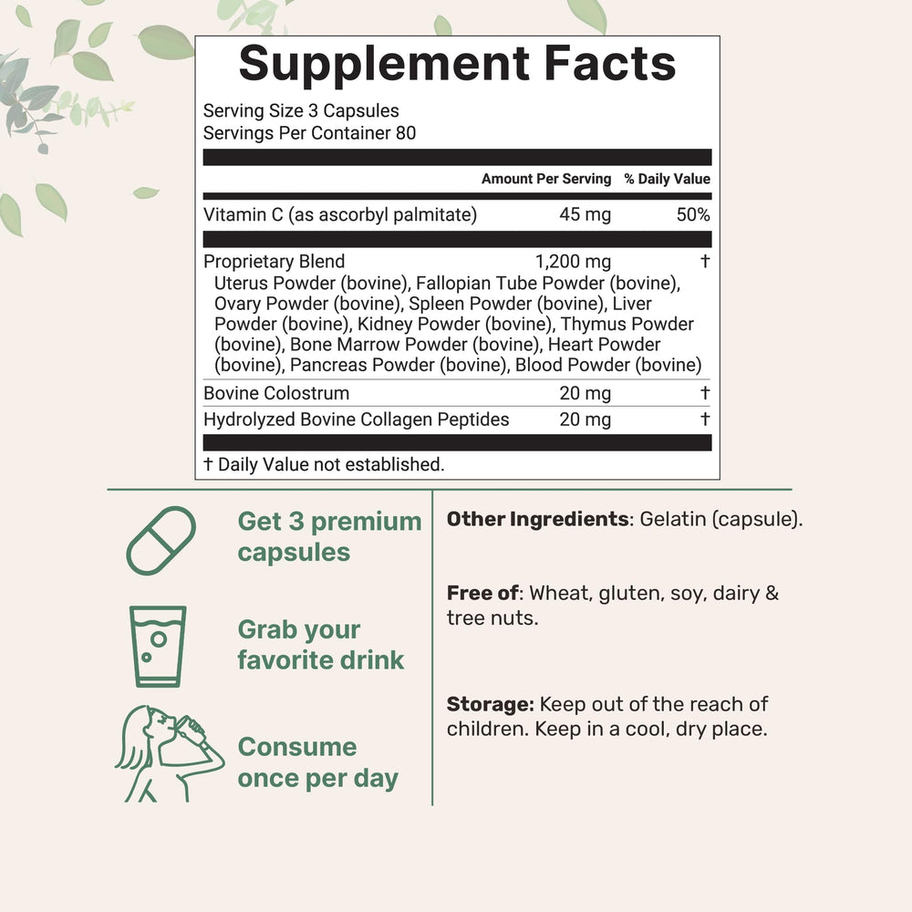 Micro Ingredients beef organ capsules close-up highlighting uterus, liver, kidney blend for women's nutrition