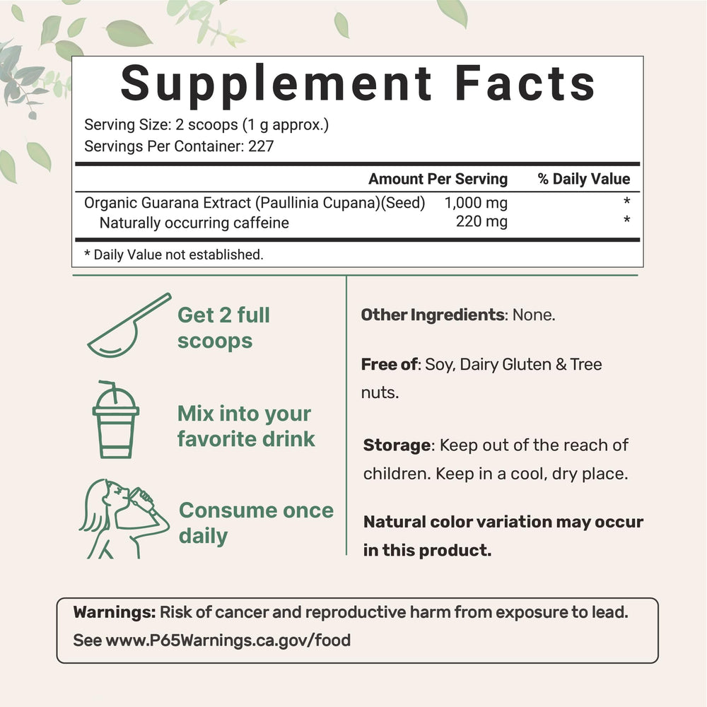 Micro Ingredients Organic Guarana Powder scoop shows easy-to-measure servings for steady energy.