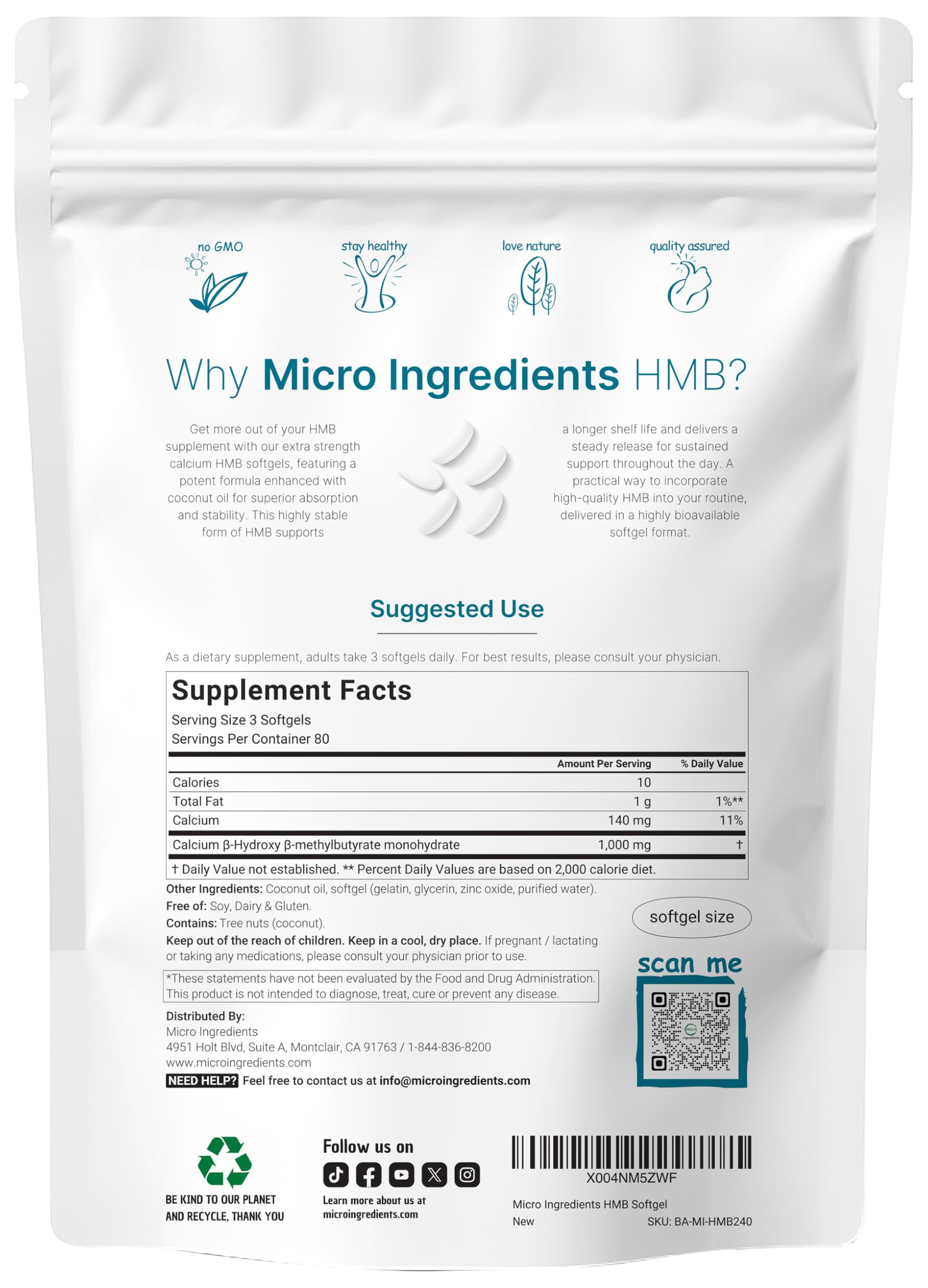 Micro Ingredients HMB softgels with coconut oil matrix for absorption and daily muscle health