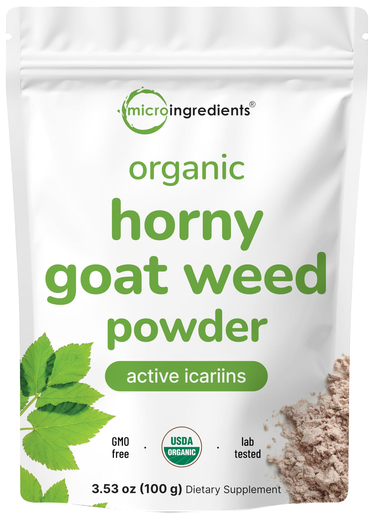 Micro Ingredients horny goat weed powder bottle, convenient daily energy support