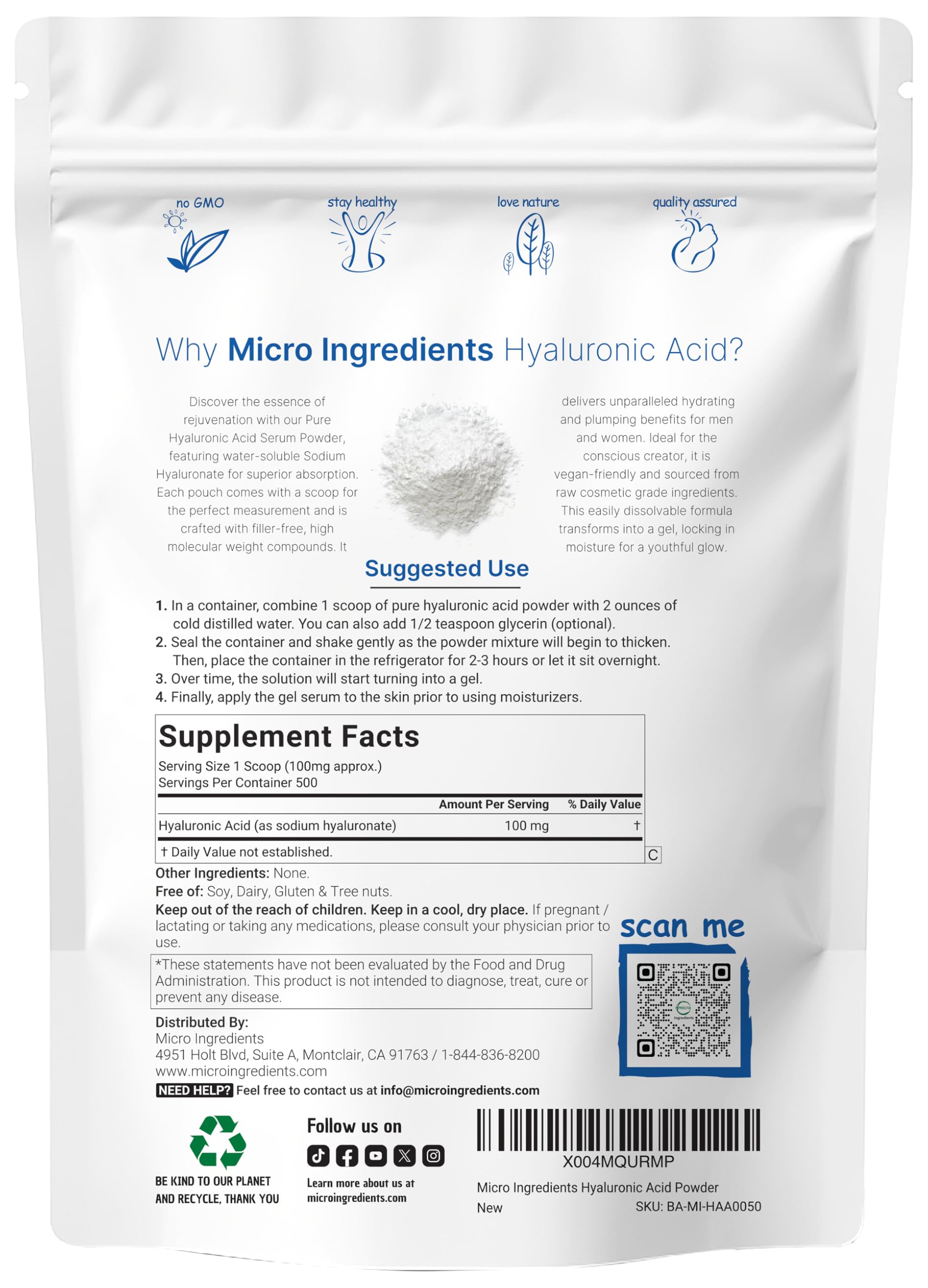 Micro Ingredients Hyaluronic Acid Serum Powder scoop measures accurate servings for consistent skin hydration
