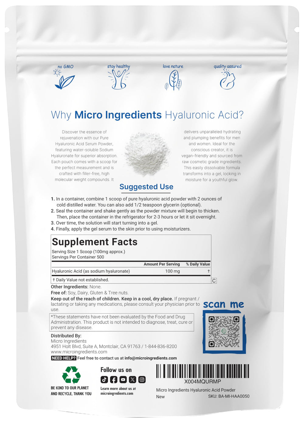 Micro Ingredients Hyaluronic Acid Serum Powder scoop measures accurate servings for consistent skin hydration