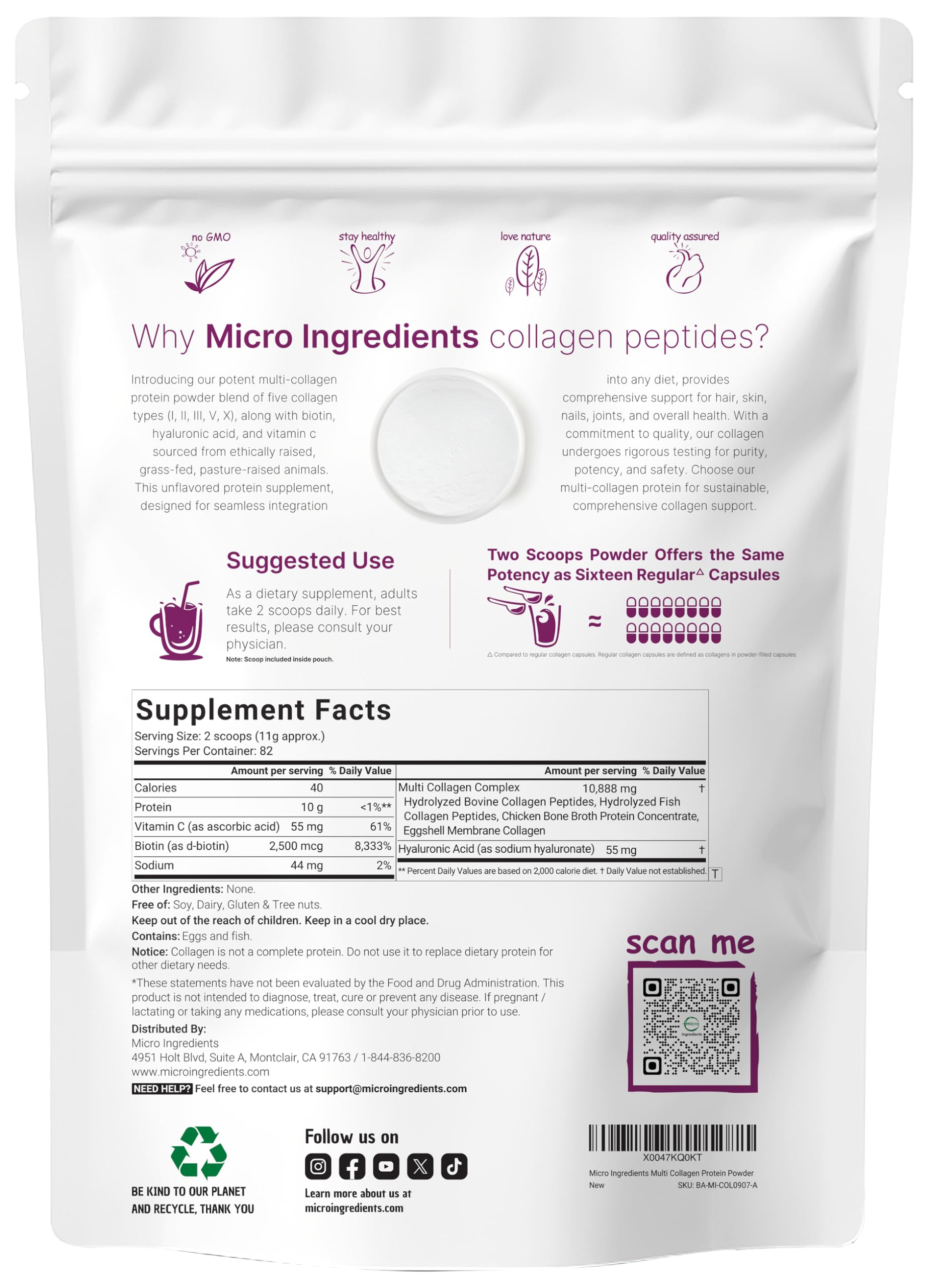 Micro Ingredients hydrolyzed collagen types I–X with scoop ready to mix.