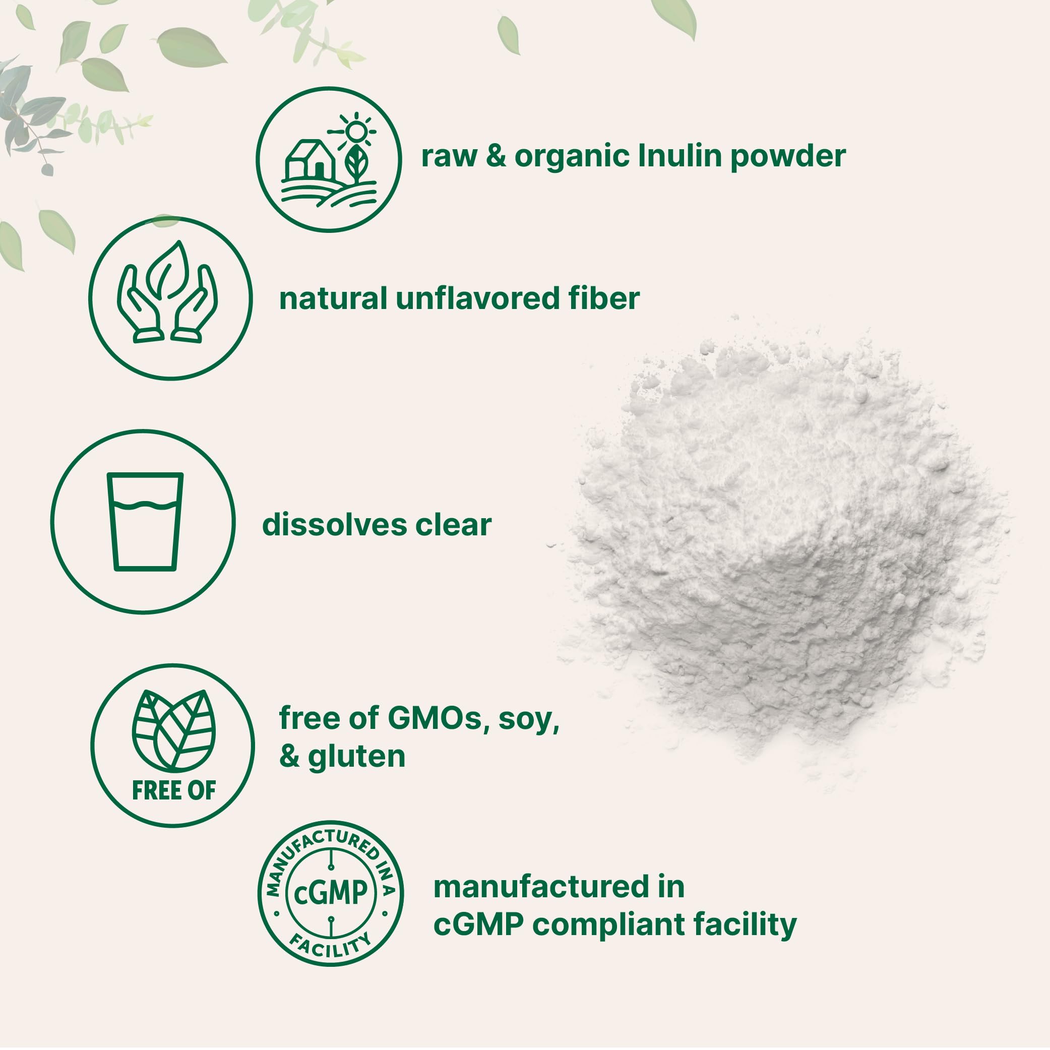 Inulin powder dissolves clear when stirred into water or juice
