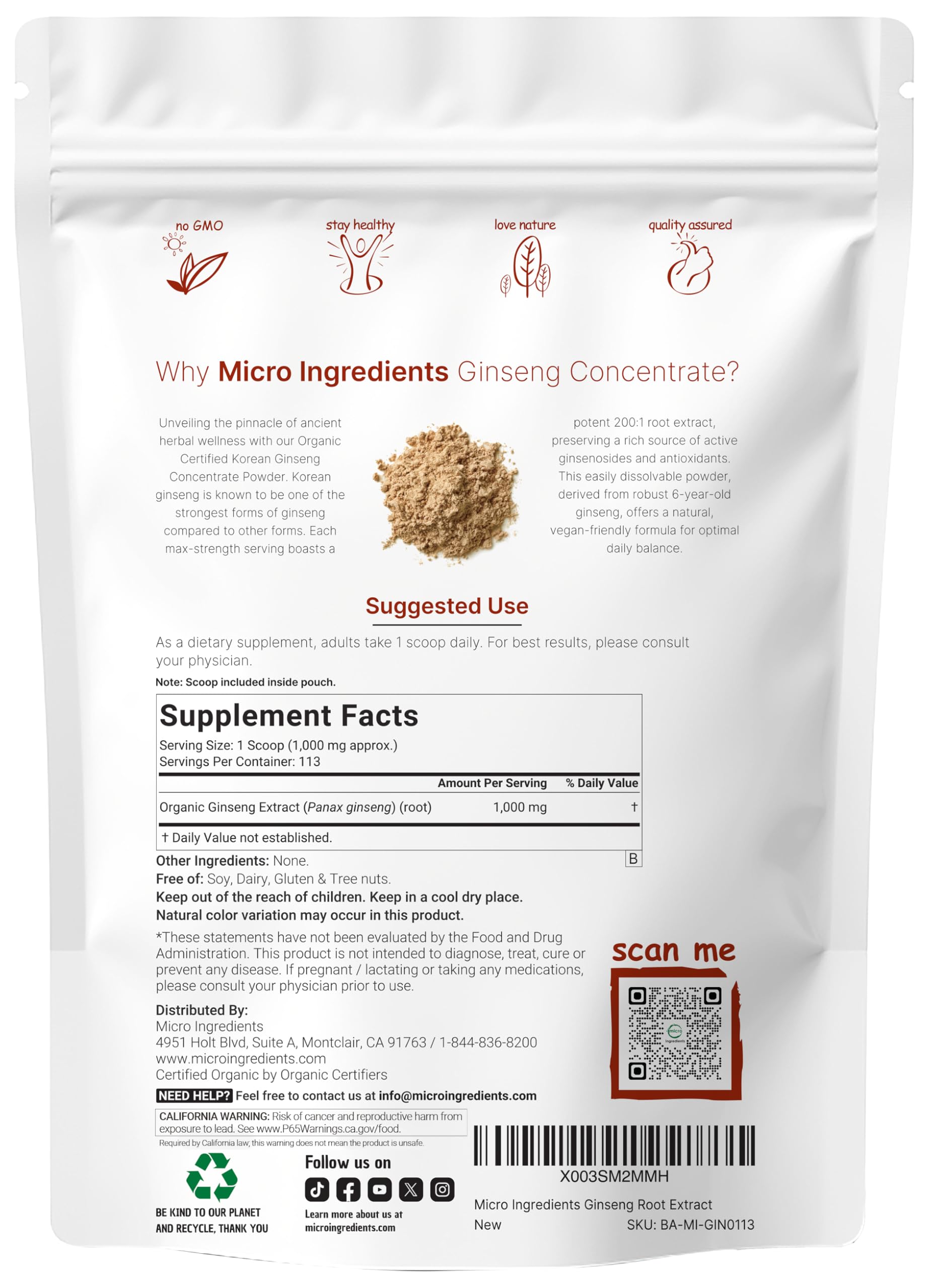 Micro Ingredients ginseng powder scoop showing precise daily servings.