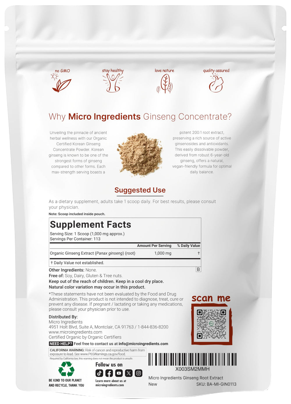 Micro Ingredients ginseng powder scoop showing precise daily servings.