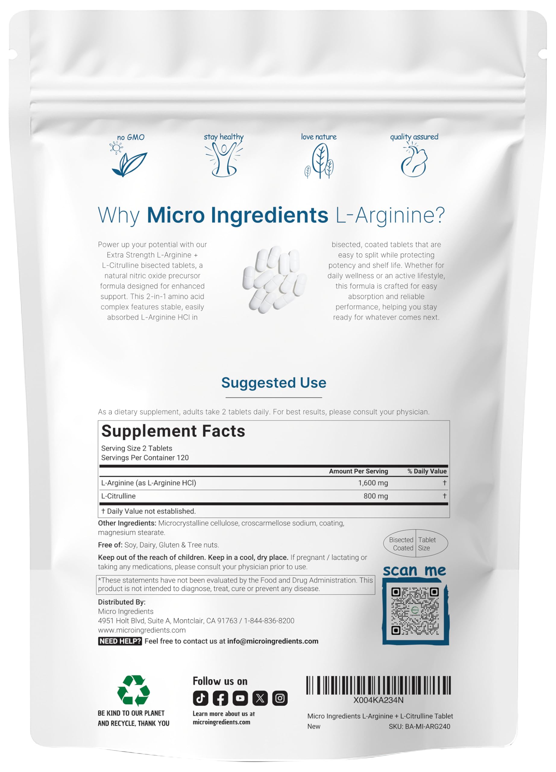 Micro Ingredients L-Arginine 1600mg coated tablets designed for smooth swallowing
