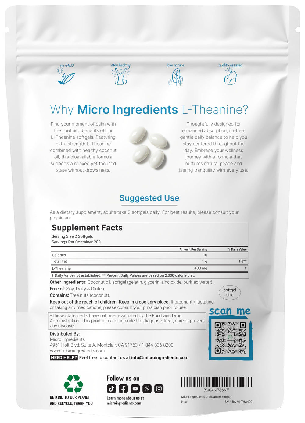 L-Theanine softgels with coconut oil carrier for absorption