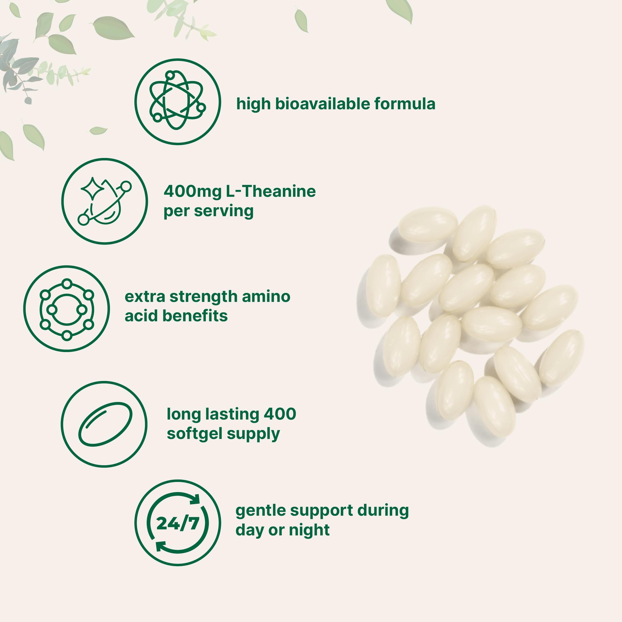 L-Theanine softgels in pouch for 200-serving supply