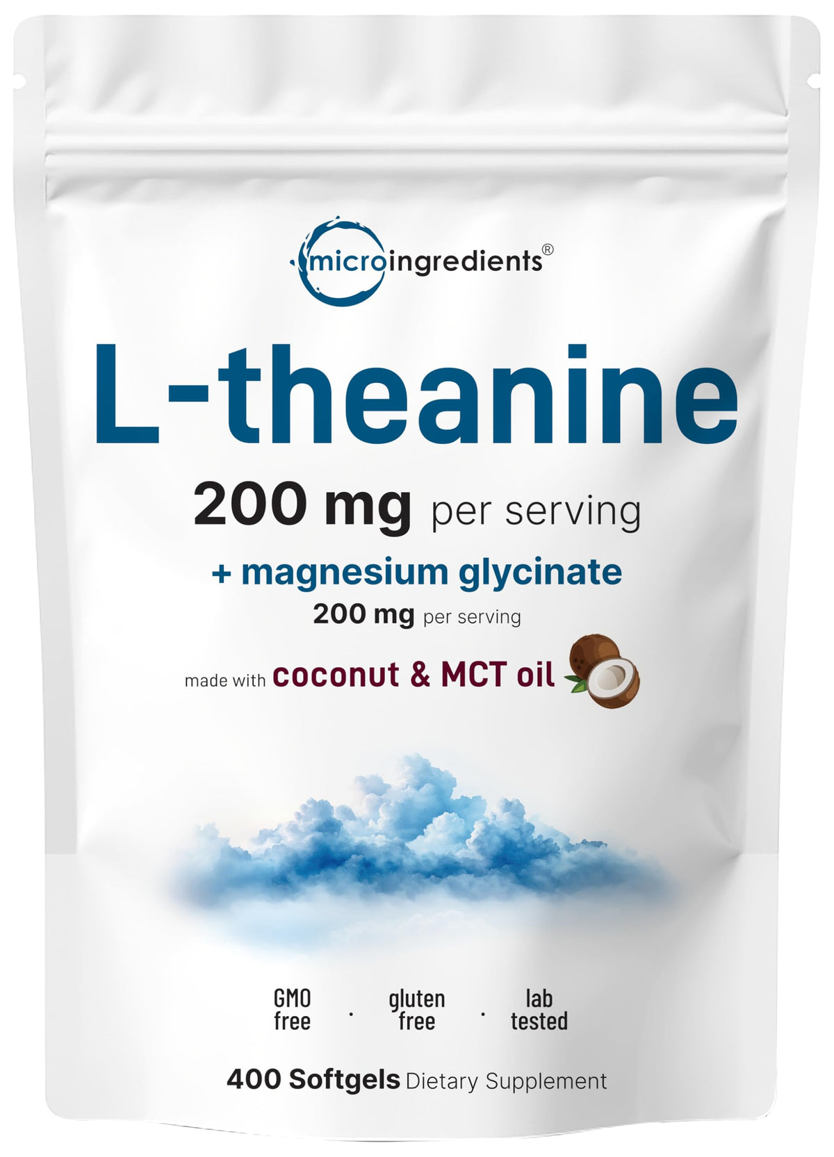Micro Ingredients L-Theanine Magnesium softgel bottle front view promotes daily calm.