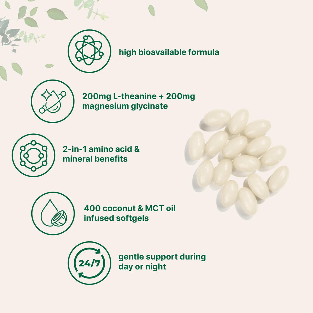 Micro Ingredients L-Theanine Magnesium softgels poured for easy daily use.