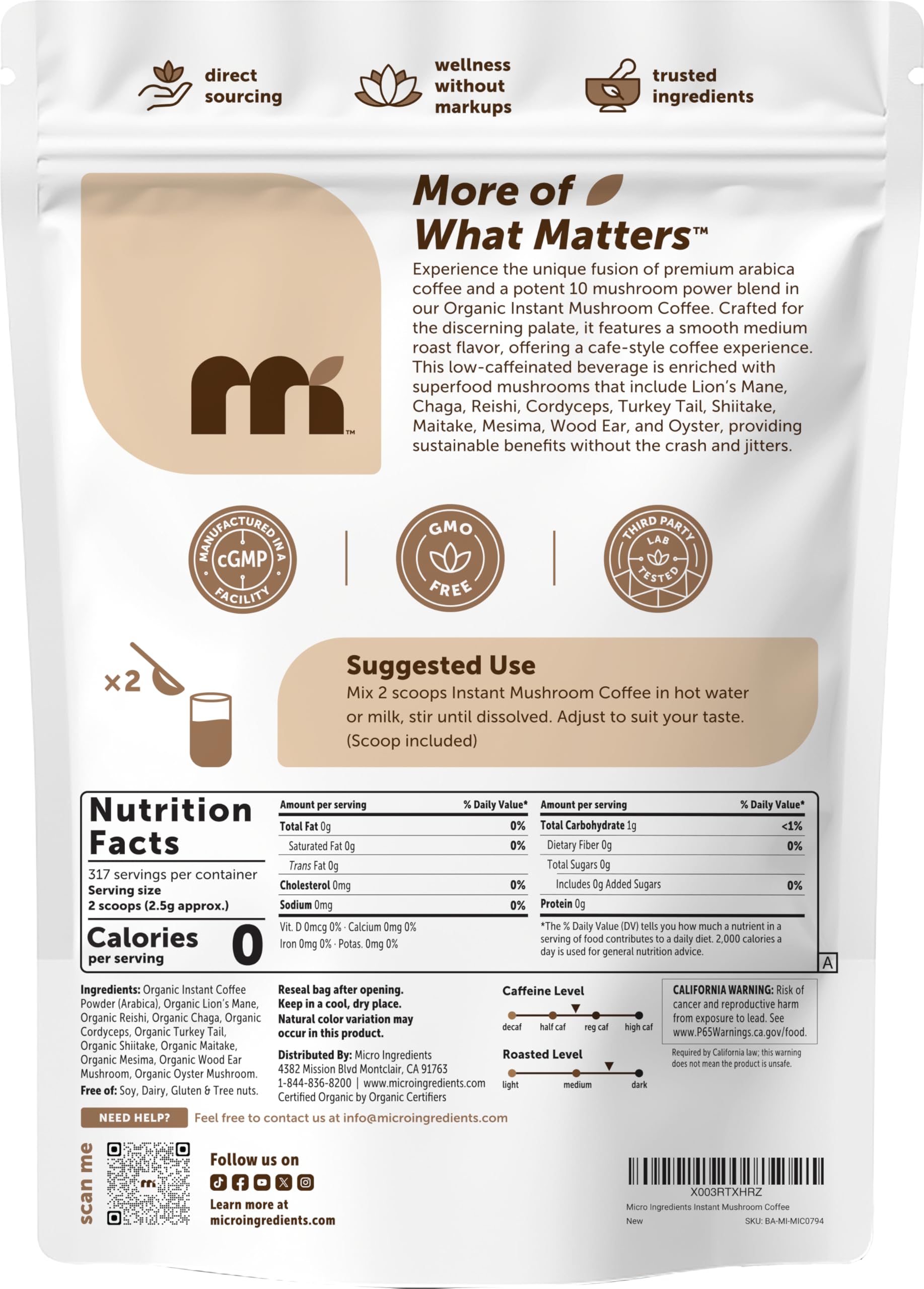 Micro Ingredients lab test certificates indicate purity and safety standards.