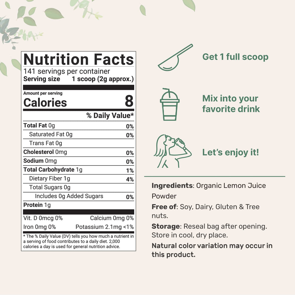 Micro Ingredients Lemon Juice Powder scoop inside demonstrates precise daily measurement.