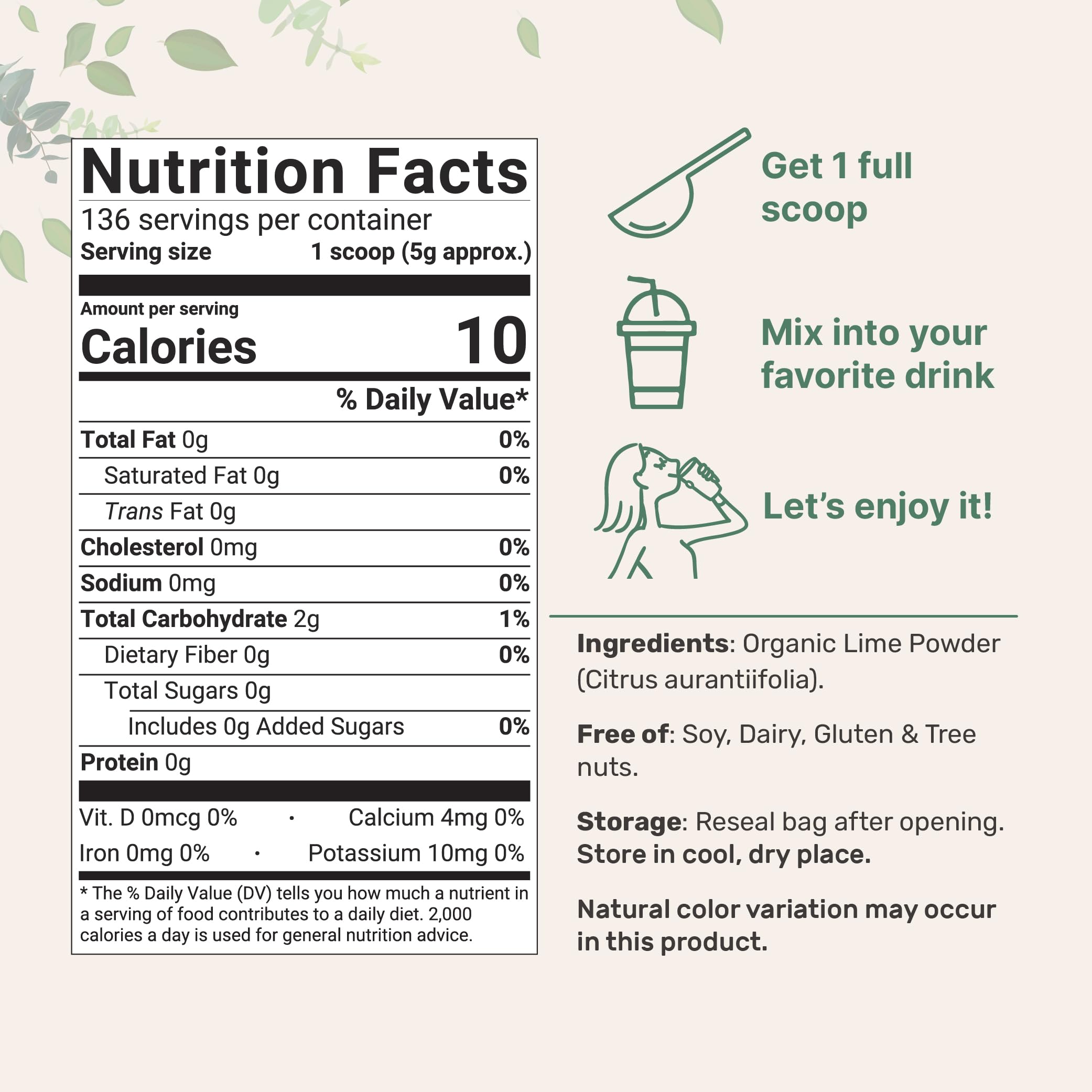 Micro Ingredients lime powder scoop measures servings for easy, precise mixing